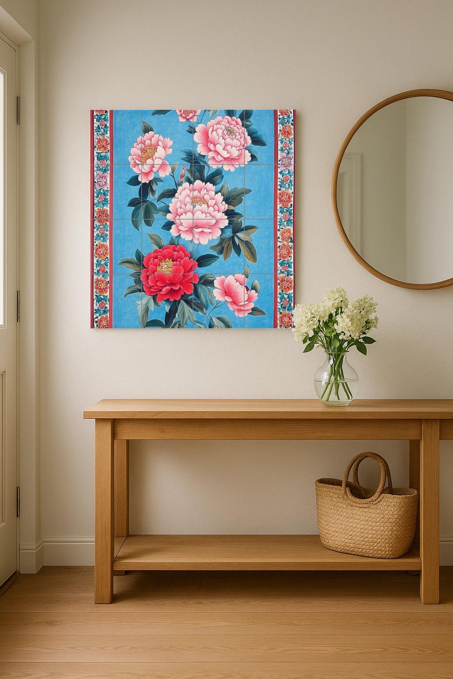 Taiwanese ceramic mural: peony flowers on cobalt blue, inspired by Hakka floral art from Miaoli, Hsinchu, Taoyuan, Tainan and Kaohsiung.
