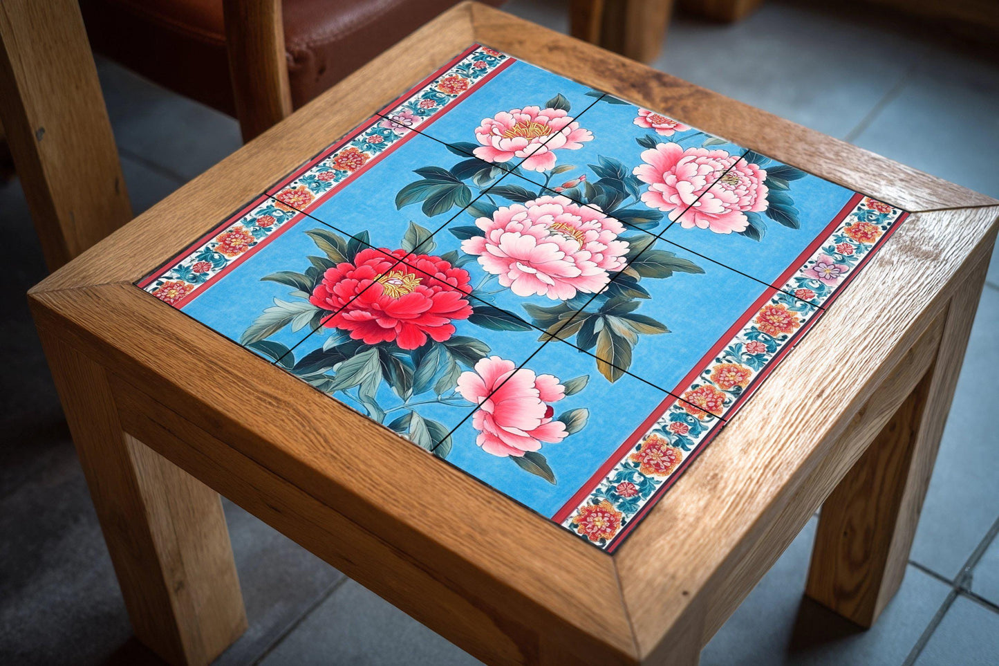 Taiwanese ceramic mural: peony flowers on cobalt blue, inspired by Hakka floral art from Miaoli, Hsinchu, Taoyuan, Tainan and Kaohsiung.