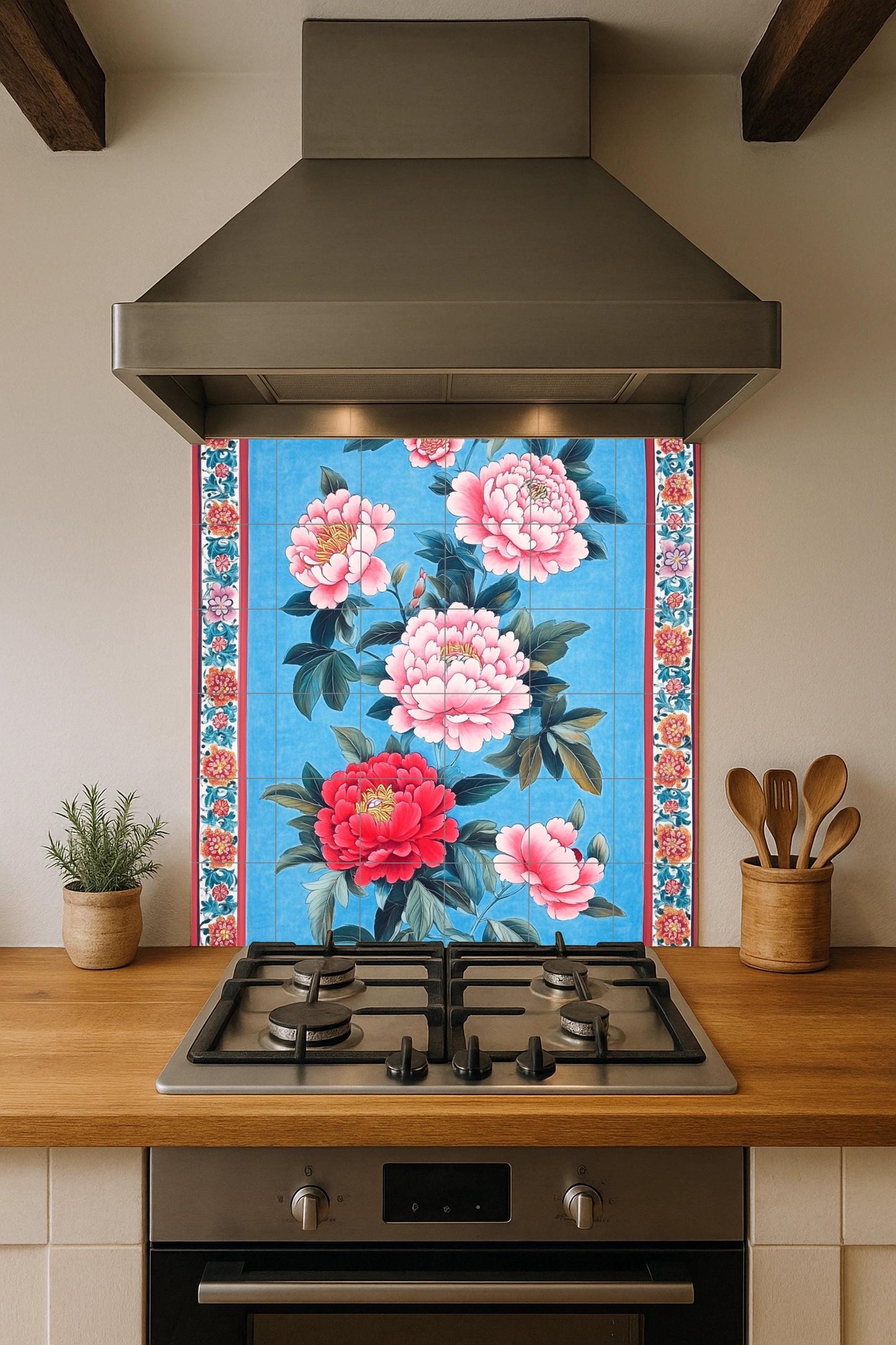 Taiwanese ceramic mural: peony flowers on cobalt blue, inspired by Hakka floral art from Miaoli, Hsinchu, Taoyuan, Tainan and Kaohsiung.