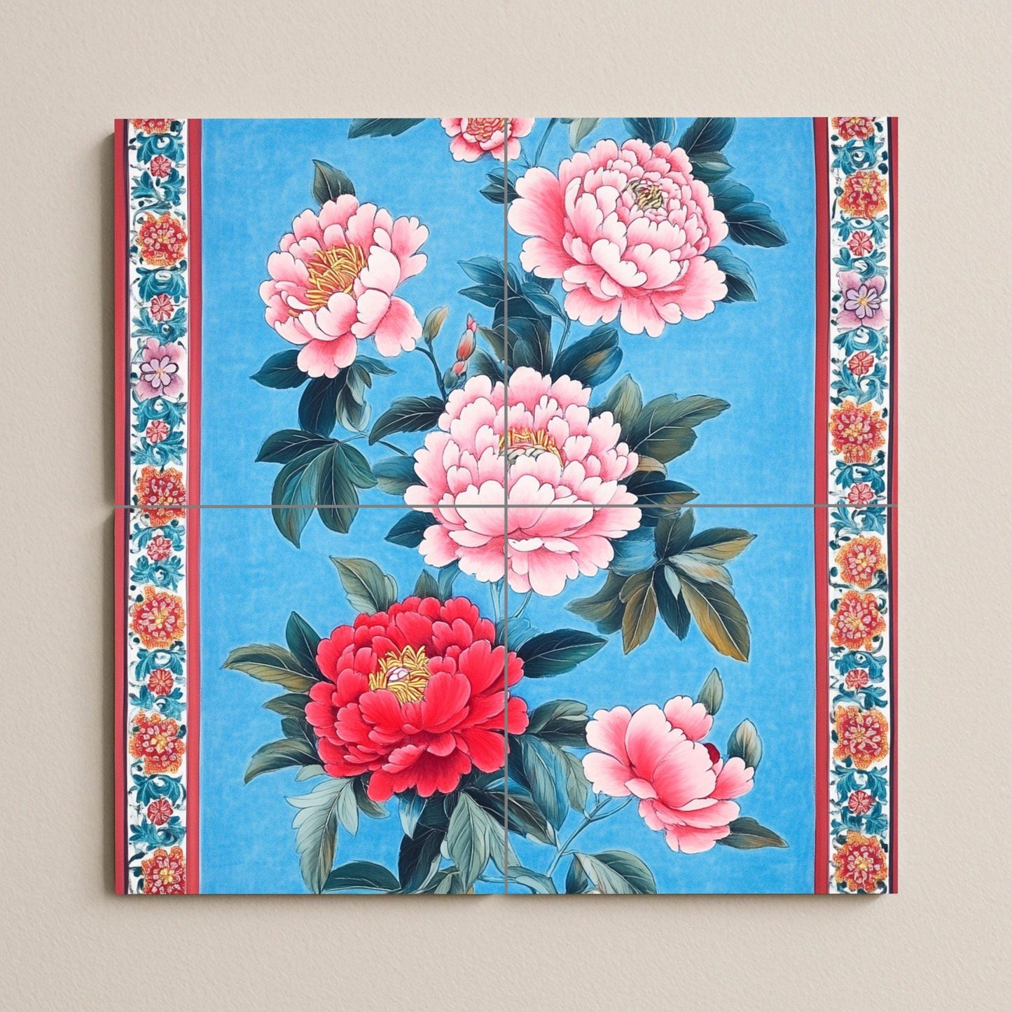 Taiwanese ceramic mural: peony flowers on cobalt blue, inspired by Hakka floral art from Miaoli, Hsinchu, Taoyuan, Tainan and Kaohsiung.