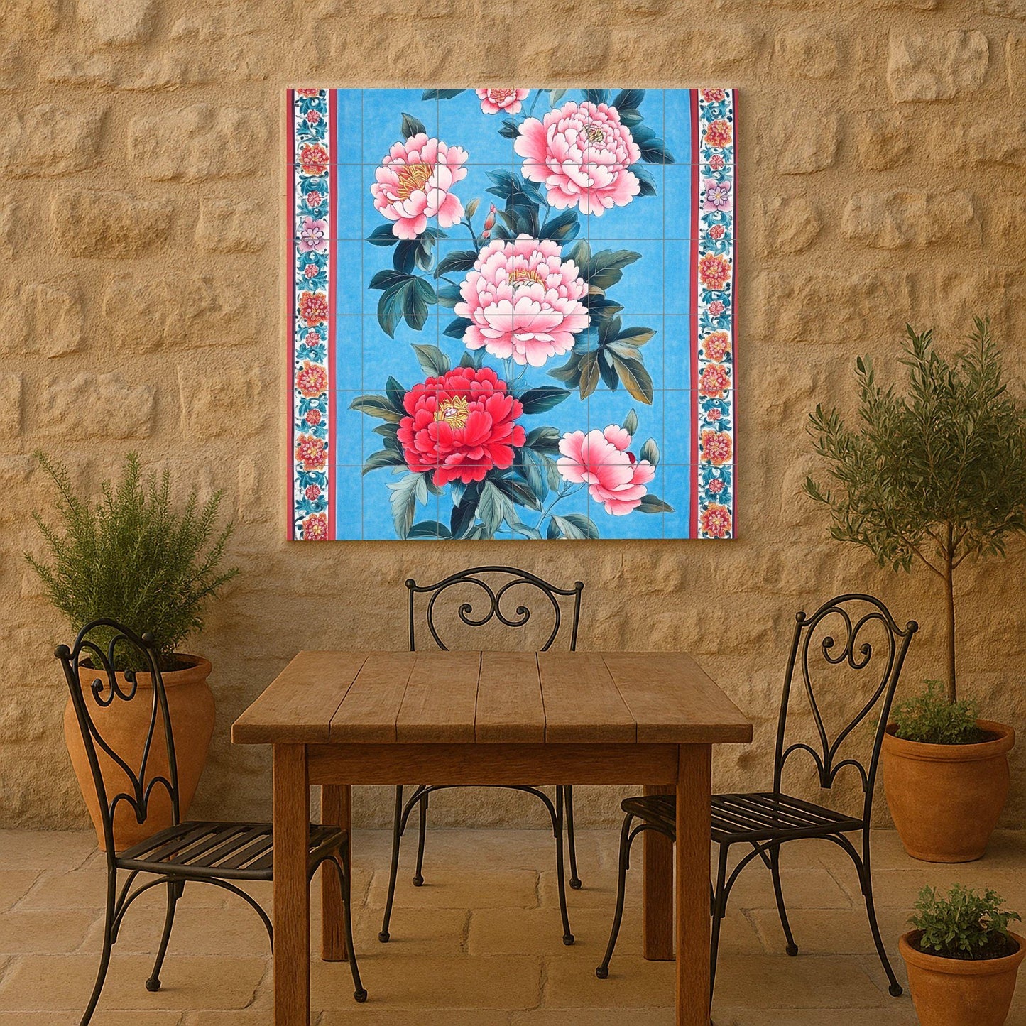 Taiwanese ceramic mural: peony flowers on cobalt blue, inspired by Hakka floral art from Miaoli, Hsinchu, Taoyuan, Tainan and Kaohsiung.