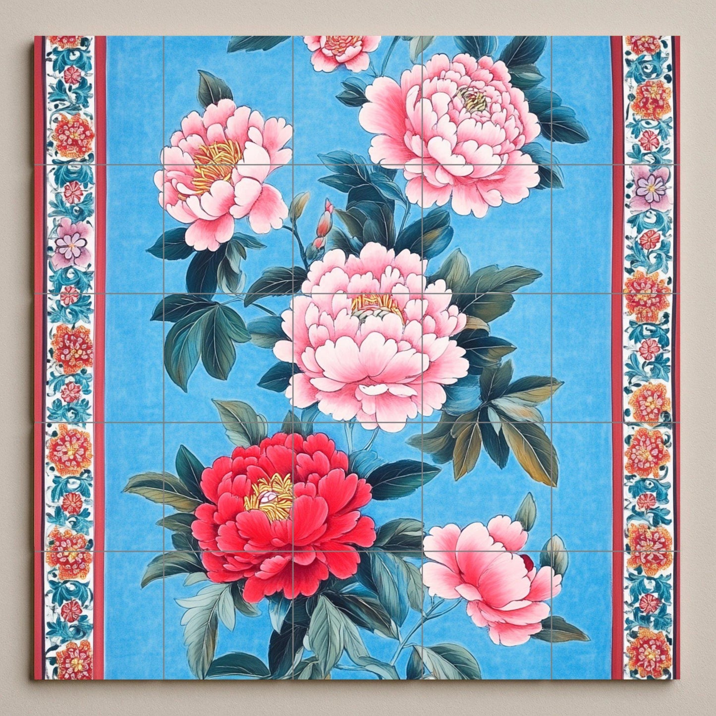Taiwanese ceramic mural: peony flowers on cobalt blue, inspired by Hakka floral art from Miaoli, Hsinchu, Taoyuan, Tainan and Kaohsiung.