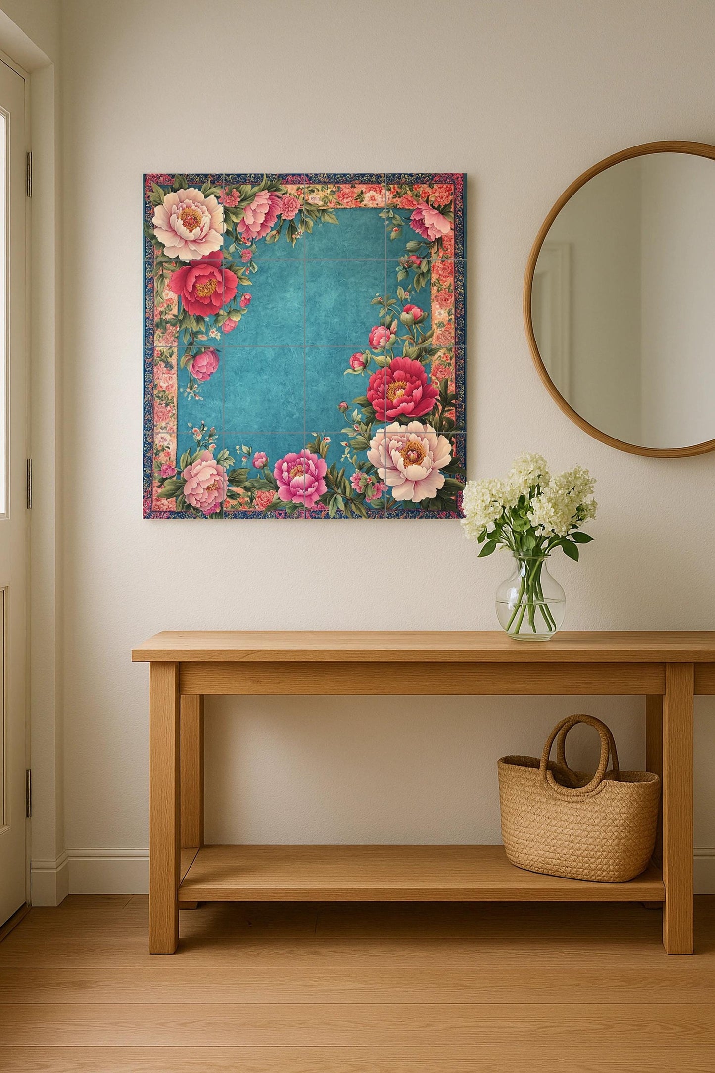 Floral ceramic mural: elegant pink and red flowers with lush vegetation on a turquoise background, ornate tile artwork with decorative border.