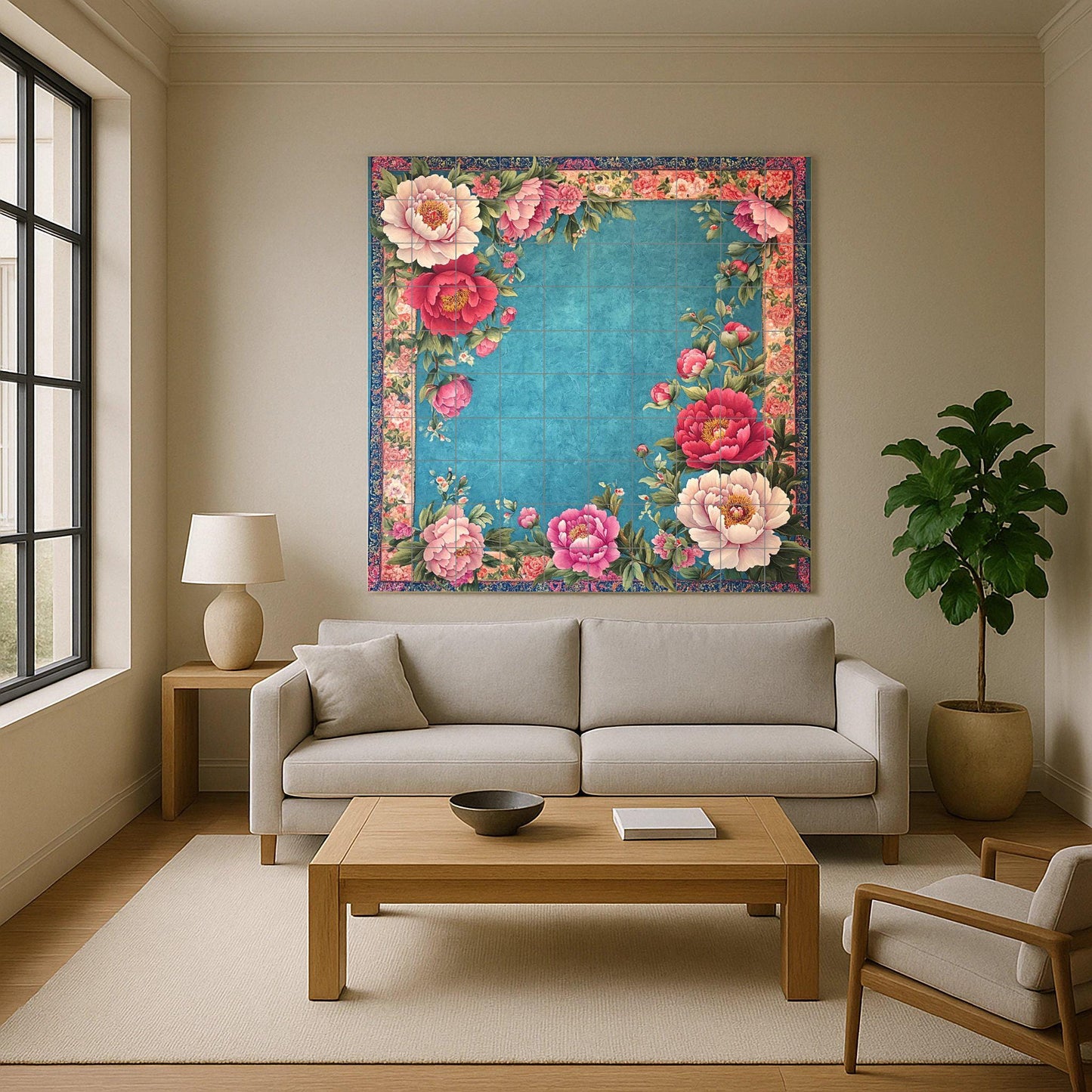 Floral ceramic mural: elegant pink and red flowers with lush vegetation on a turquoise background, ornate tile artwork with decorative border.