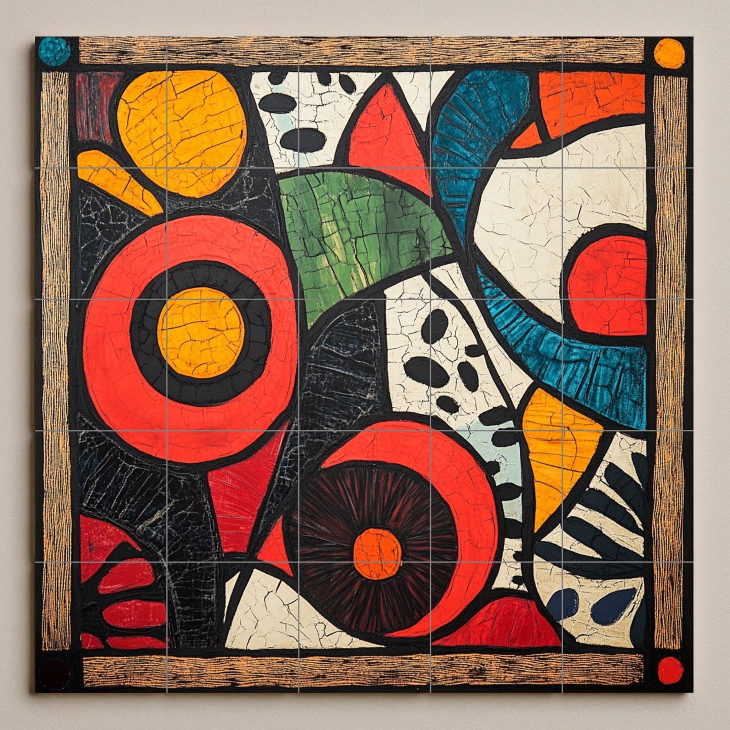Kitenge ceramic mural from Tanzania: bold abstract art with African wax motifs and a vibrant geometric panel with floral details on the border.