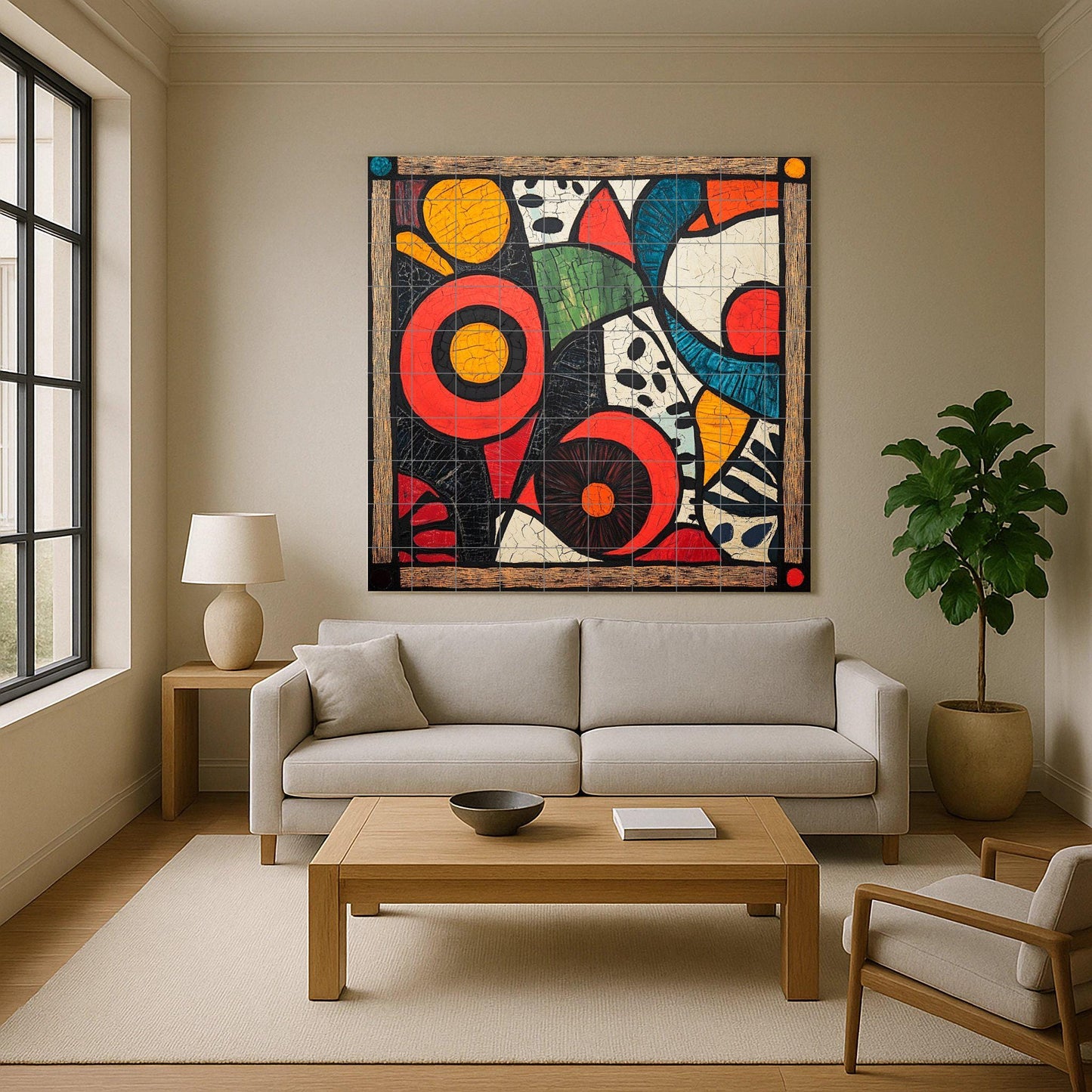 Kitenge ceramic mural from Tanzania: bold abstract art with African wax motifs and a vibrant geometric panel with floral details on the border.