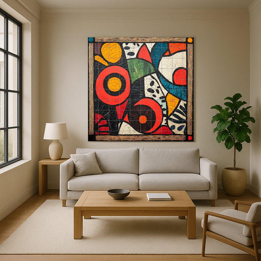 Kitenge ceramic mural from Tanzania: bold abstract art with African wax motifs and a vibrant geometric panel with floral details on the border.