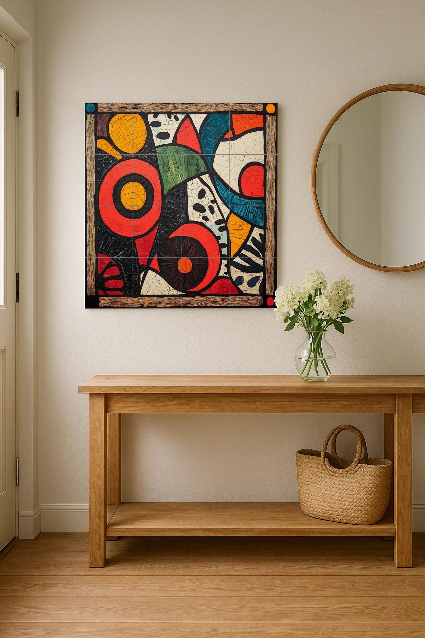 Kitenge ceramic mural from Tanzania: bold abstract art with African wax motifs and a vibrant geometric panel with floral details on the border.