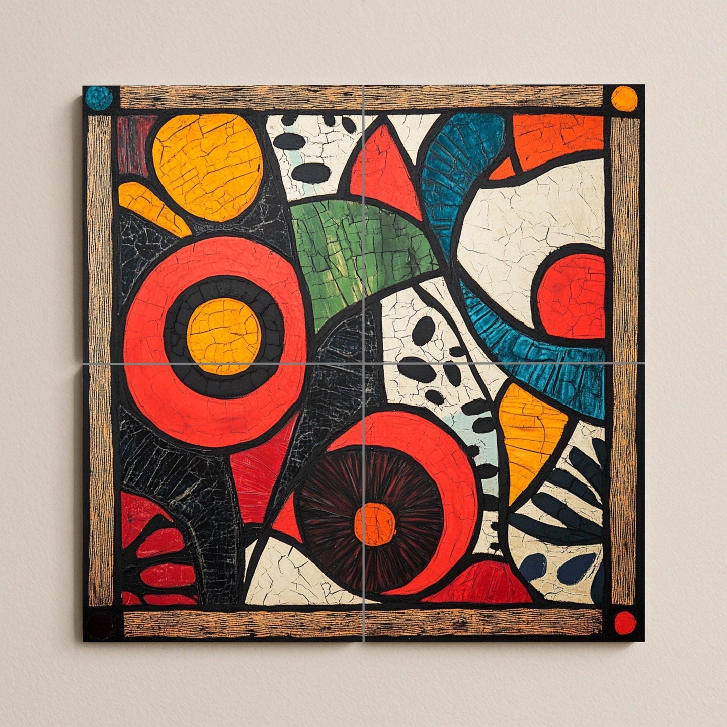 Kitenge ceramic mural from Tanzania: bold abstract art with African wax motifs and a vibrant geometric panel with floral details on the border.