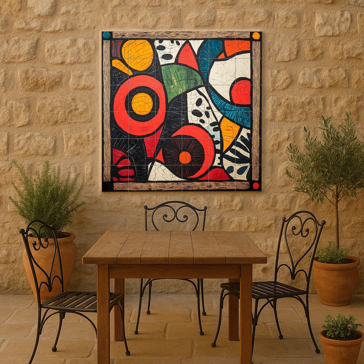 Kitenge ceramic mural from Tanzania: bold abstract art with African wax motifs and a vibrant geometric panel with floral details on the border.