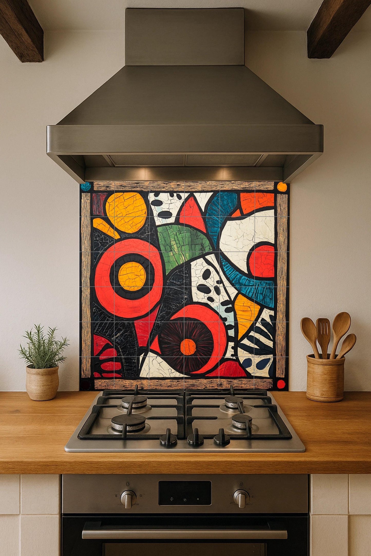 Kitenge ceramic mural from Tanzania: bold abstract art with African wax motifs and a vibrant geometric panel with floral details on the border.