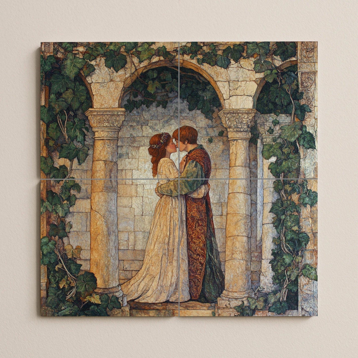 Ceramic mural of Shakespearean romance: medieval lovers in an ivy-covered arch, English poetic mural art with vintage Renaissance elegance.