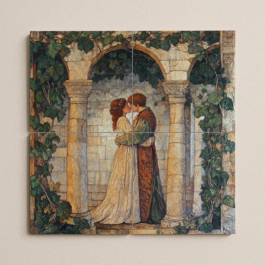 Ceramic mural of Shakespearean romance: medieval lovers in an ivy-covered arch, English poetic mural art with vintage Renaissance elegance.