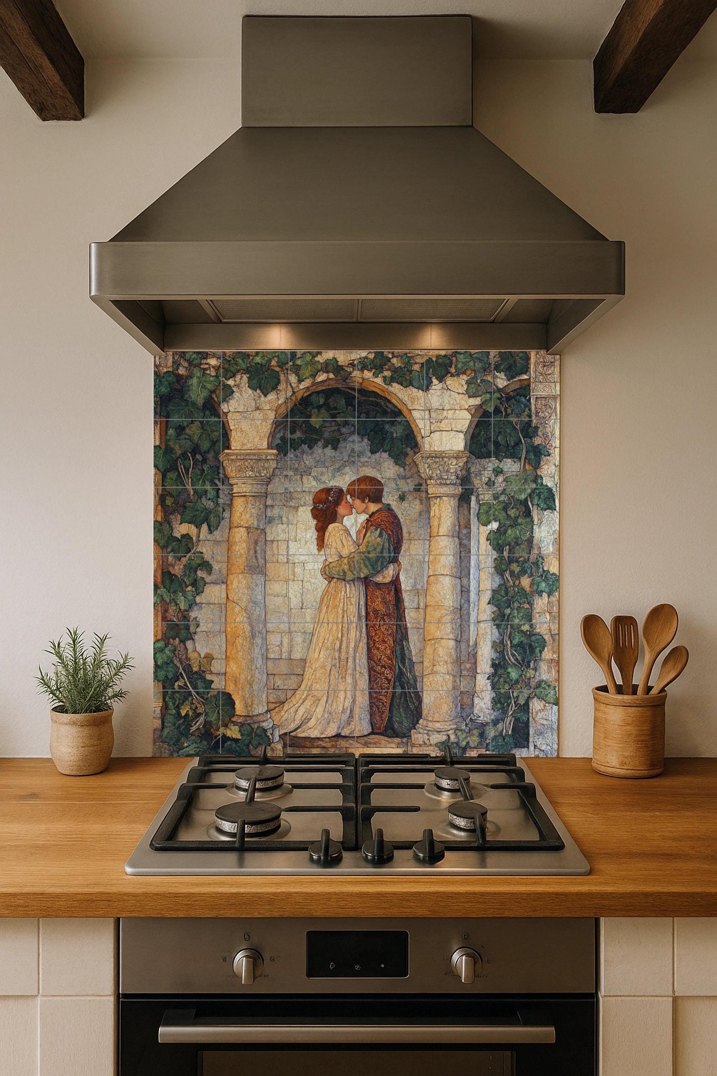 Ceramic mural of Shakespearean romance: medieval lovers in an ivy-covered arch, English poetic mural art with vintage Renaissance elegance.