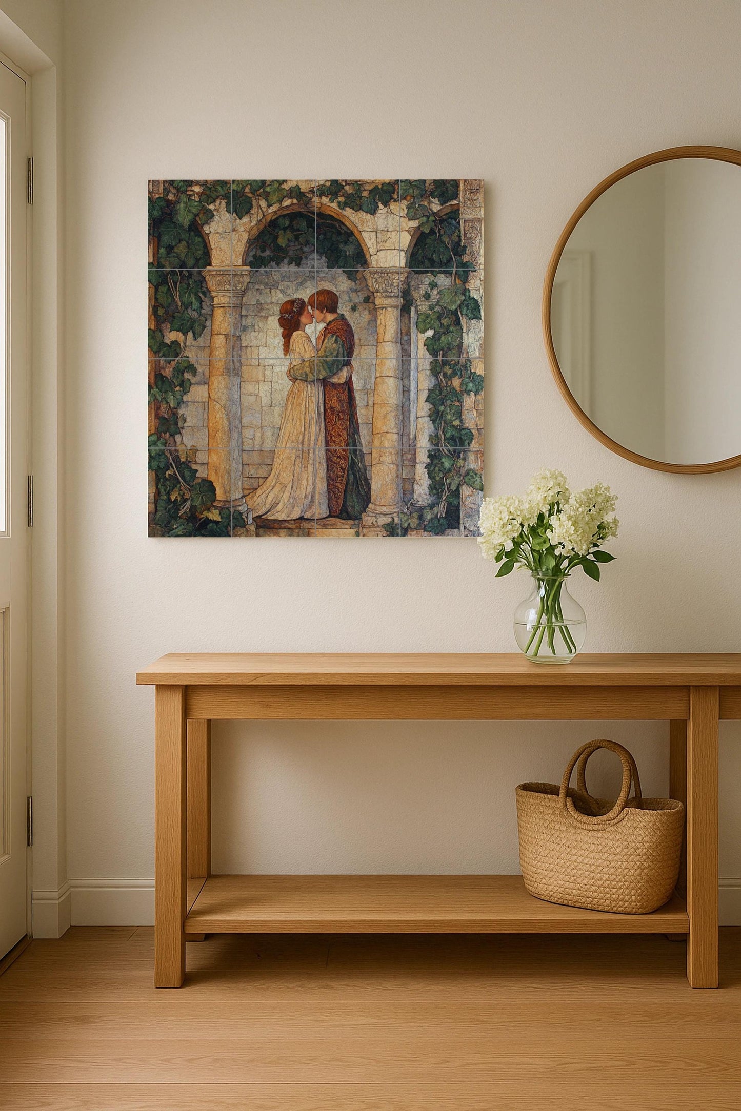 Ceramic mural of Shakespearean romance: medieval lovers in an ivy-covered arch, English poetic mural art with vintage Renaissance elegance.