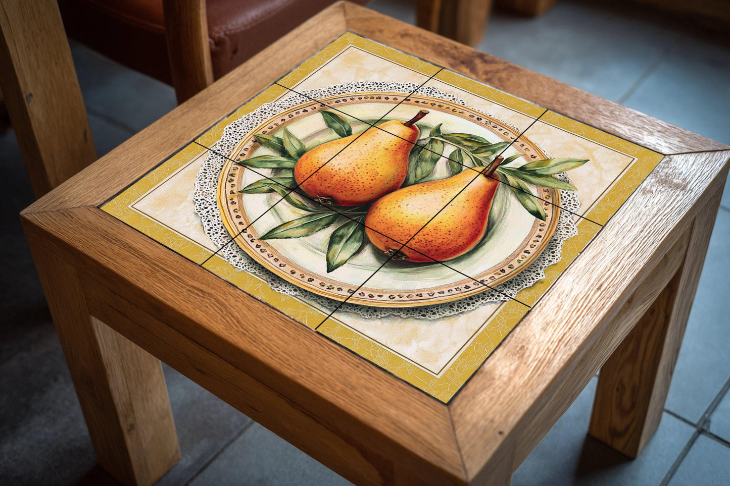 Rustic ceramic mural with pears: still life of golden fruit on an ornate plate, vintage Italian country style tile art with lace border and leaf details.