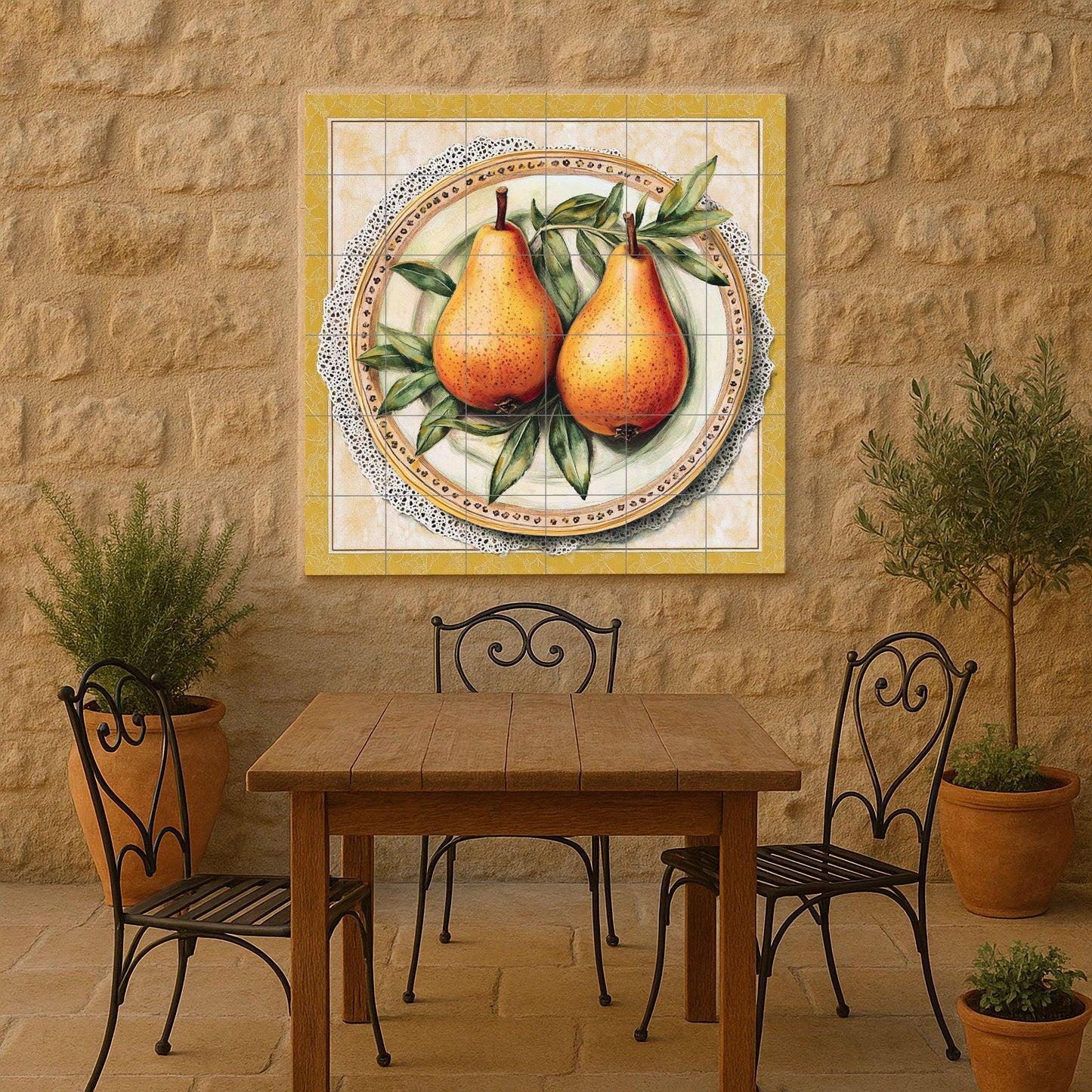 Rustic ceramic mural with pears: still life of golden fruit on an ornate plate, vintage Italian country style tile art with lace border and leaf details.