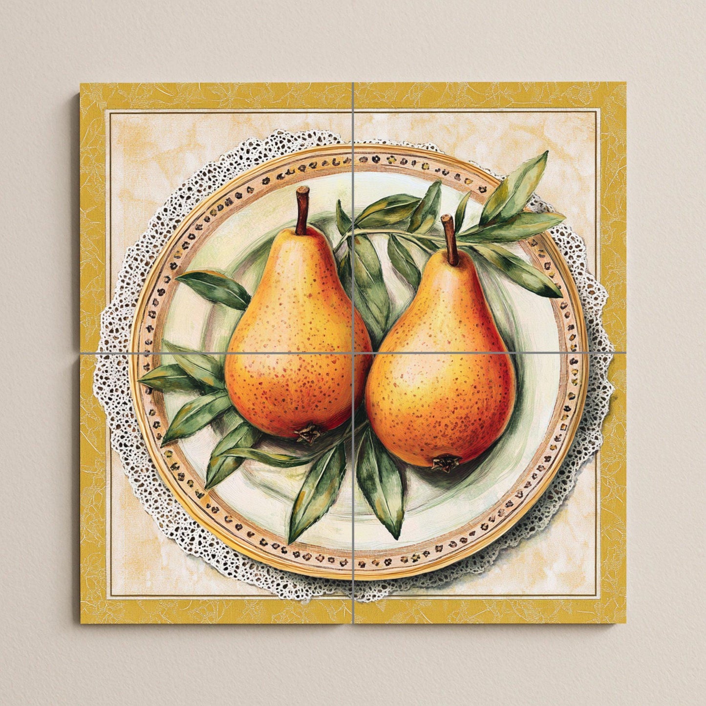 Rustic ceramic mural with pears: still life of golden fruit on an ornate plate, vintage Italian country style tile art with lace border and leaf details.