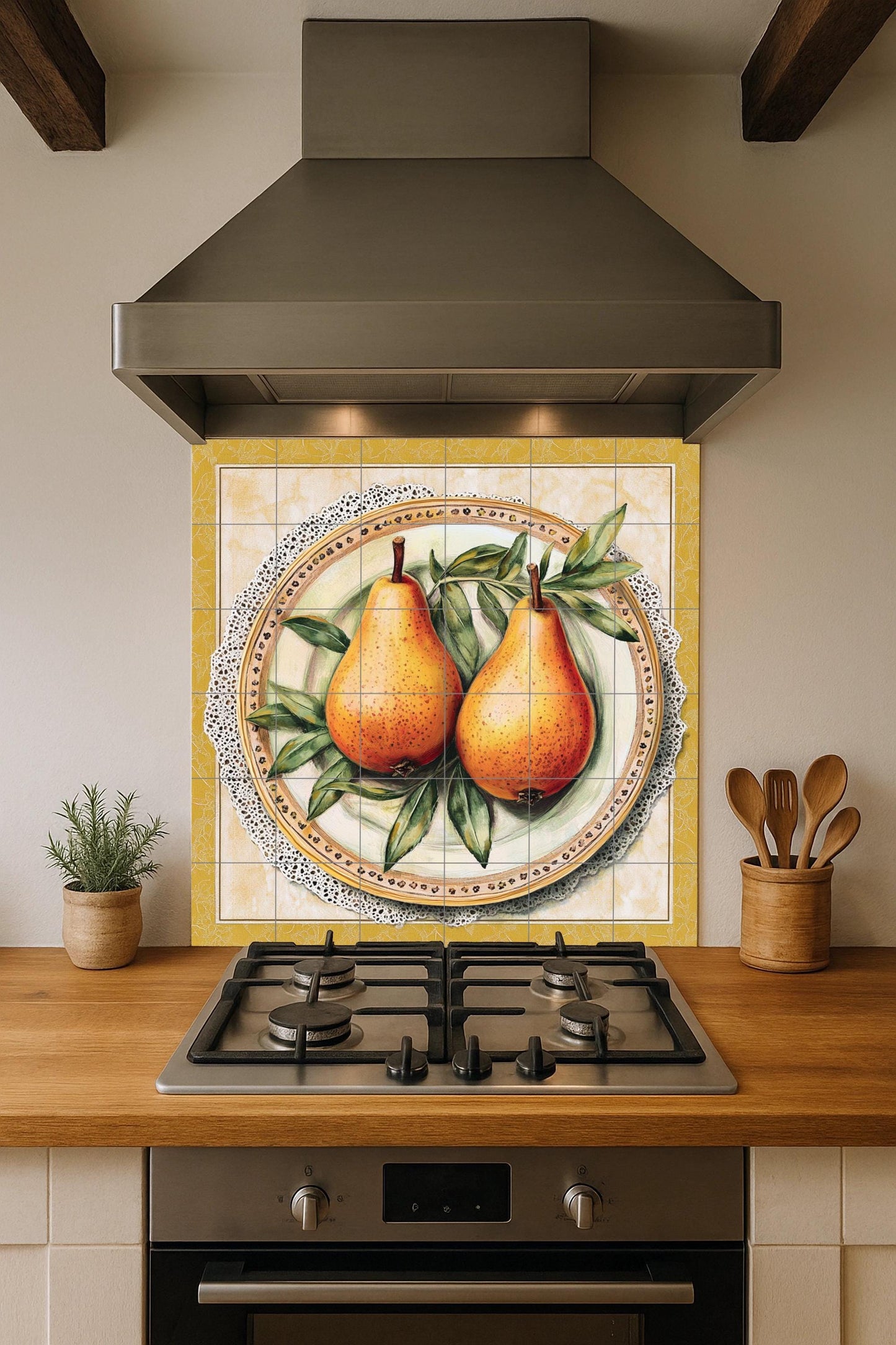 Rustic ceramic mural with pears: still life of golden fruit on an ornate plate, vintage Italian country style tile art with lace border and leaf details.