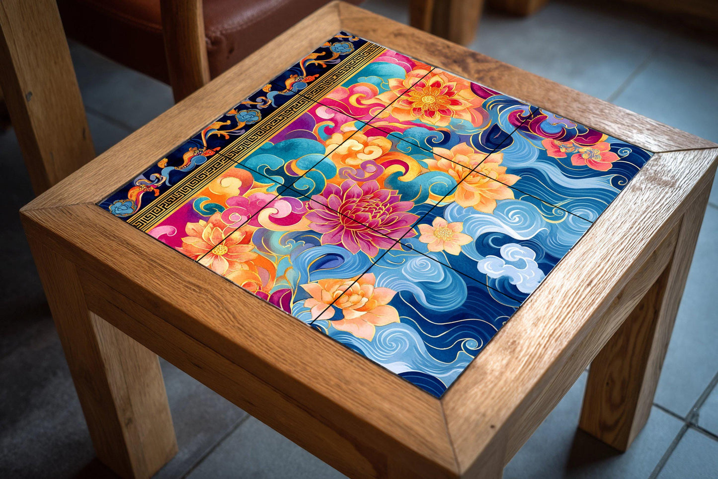 Tibetan thangka ceramic mural: lotus mandala with sacred clouds, golden parchment border, vibrant ornamental wall art with radiant pigments.