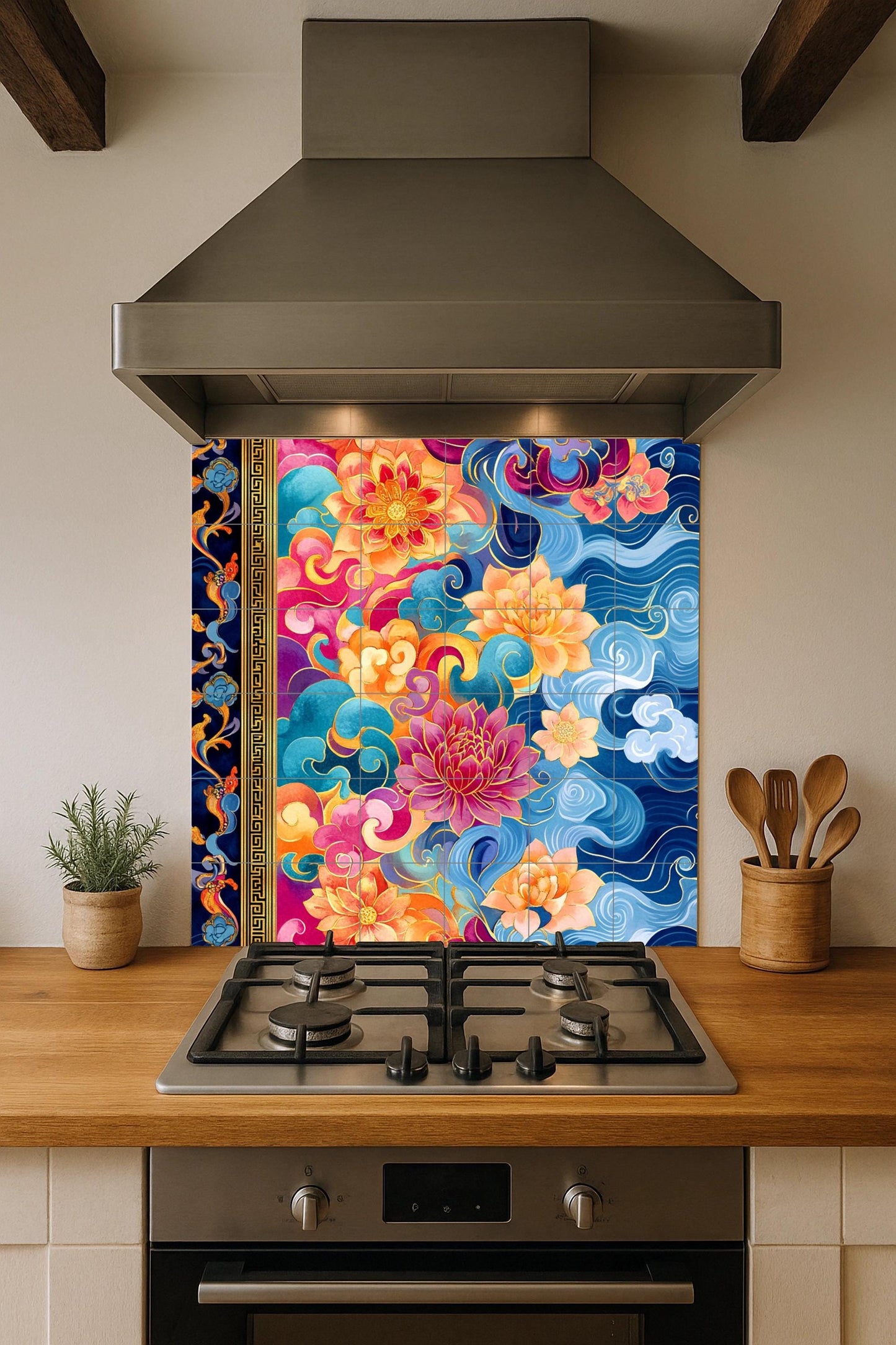 Tibetan thangka ceramic mural: lotus mandala with sacred clouds, golden parchment border, vibrant ornamental wall art with radiant pigments.