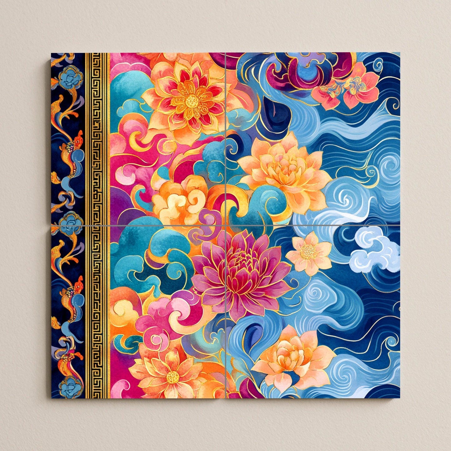 Tibetan thangka ceramic mural: lotus mandala with sacred clouds, golden parchment border, vibrant ornamental wall art with radiant pigments.