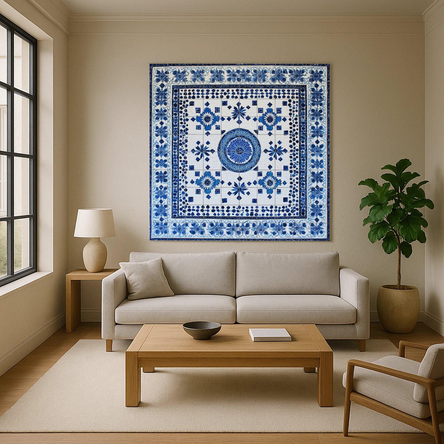 North African ceramic mural: Fez, Tunis, Marrakech, Algiers, Chefchaouen, blue and white tile art with floral and geometric motifs.
