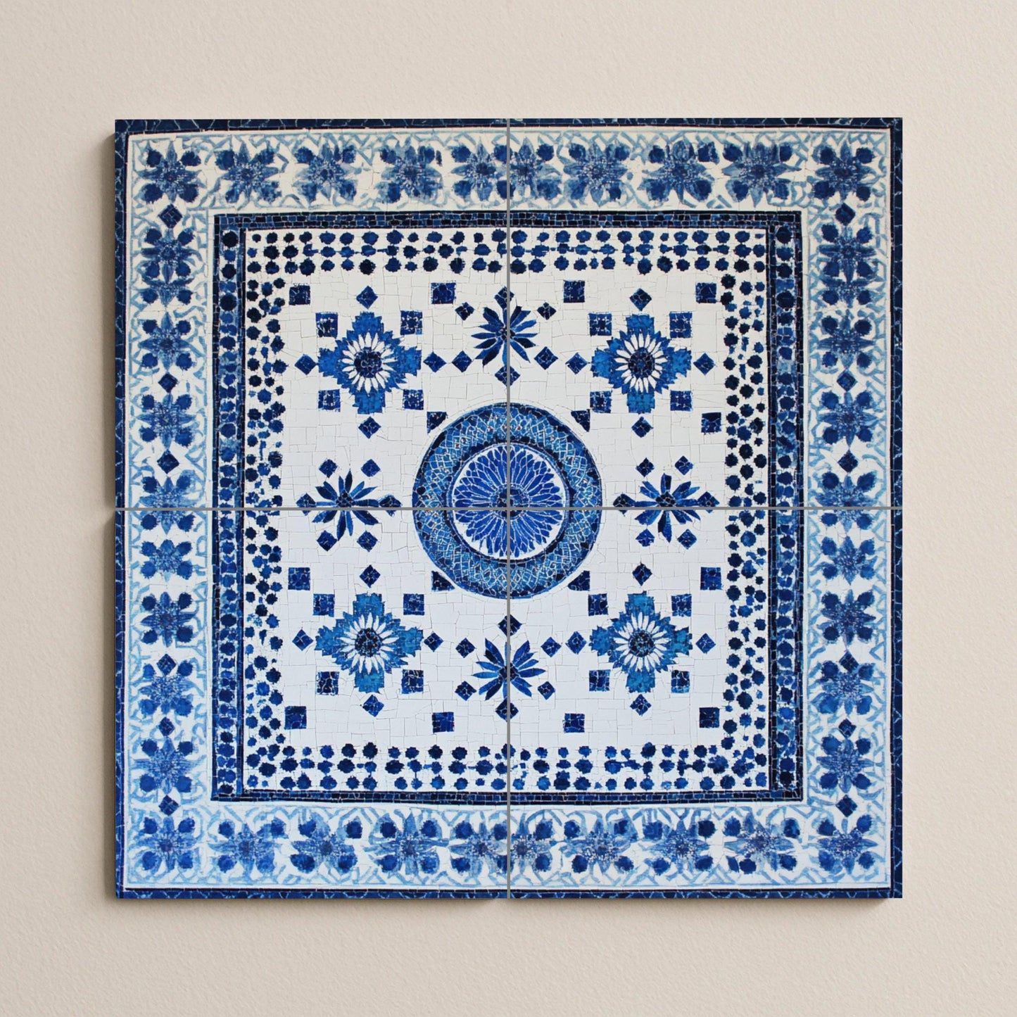 North African ceramic mural: Fez, Tunis, Marrakech, Algiers, Chefchaouen, blue and white tile art with floral and geometric motifs.