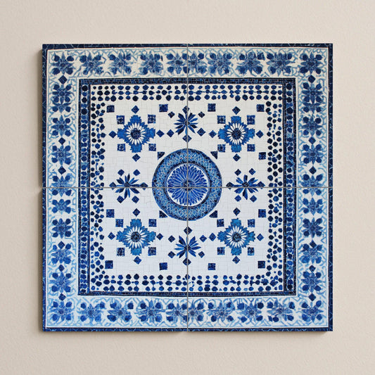 North African ceramic mural: Fez, Tunis, Marrakech, Algiers, Chefchaouen, blue and white tile art with floral and geometric motifs.