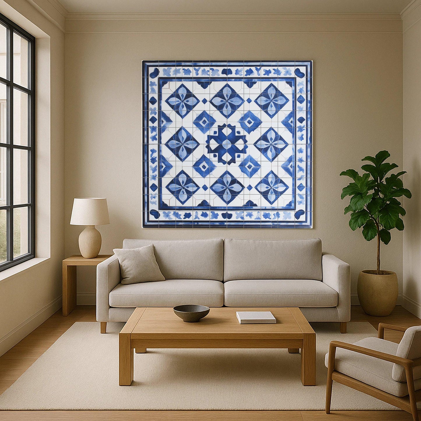 Tunisian ceramic mural: geometric tile art with arabesque border, hand-painted Mediterranean wall panel, handcrafted decoration.