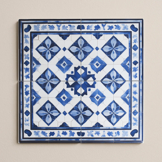 Tunisian ceramic mural: geometric tile art with arabesque border, hand-painted Mediterranean wall panel, handcrafted decoration.
