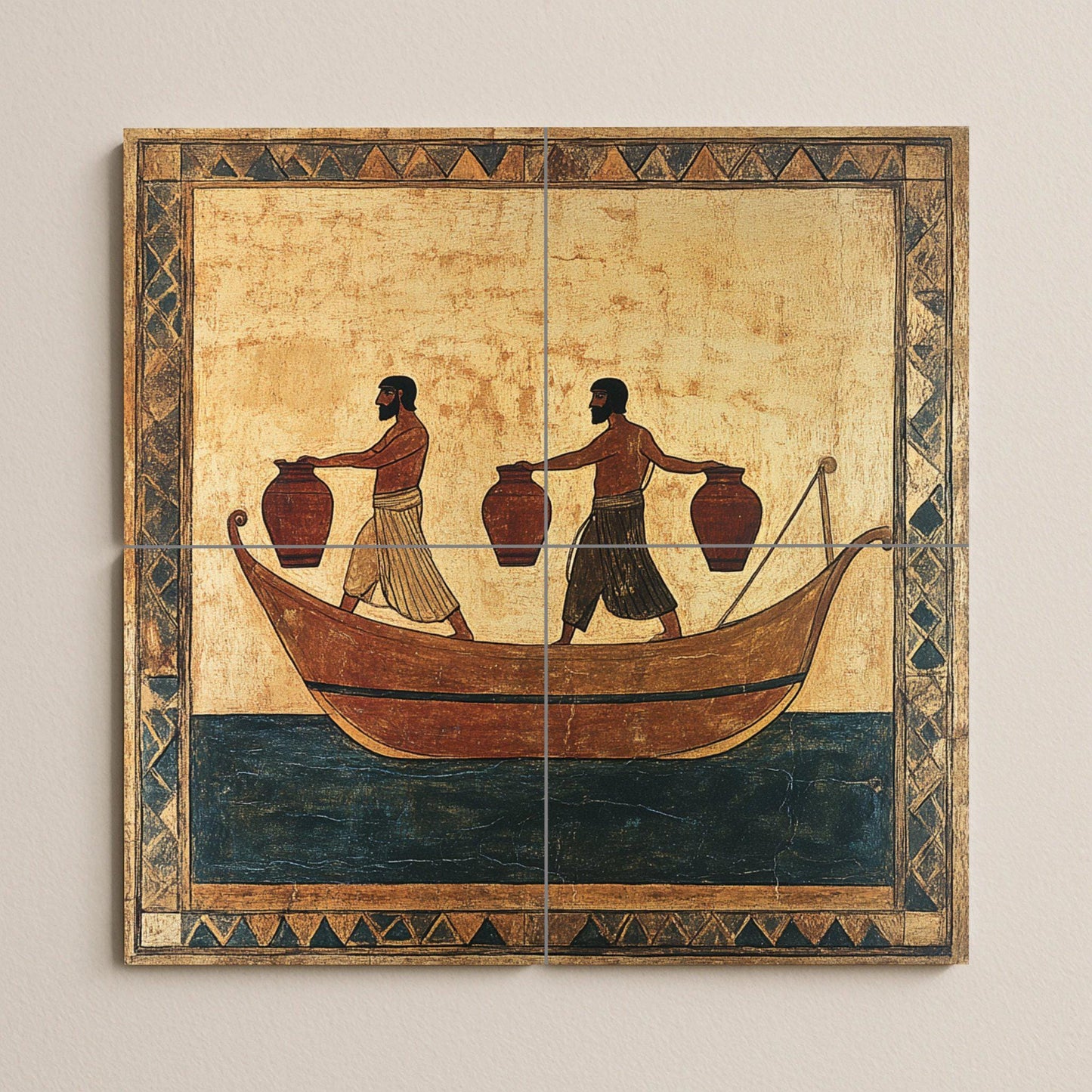 Ancient pot ceramic mural: hand-painted style with geometric borders, historical maritime scene, handcrafted tile artwork.