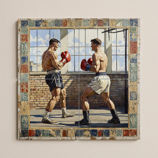 Vintage ceramic boxing mural: two boxers in a classic ring. Sports mural art on decorative tiles.