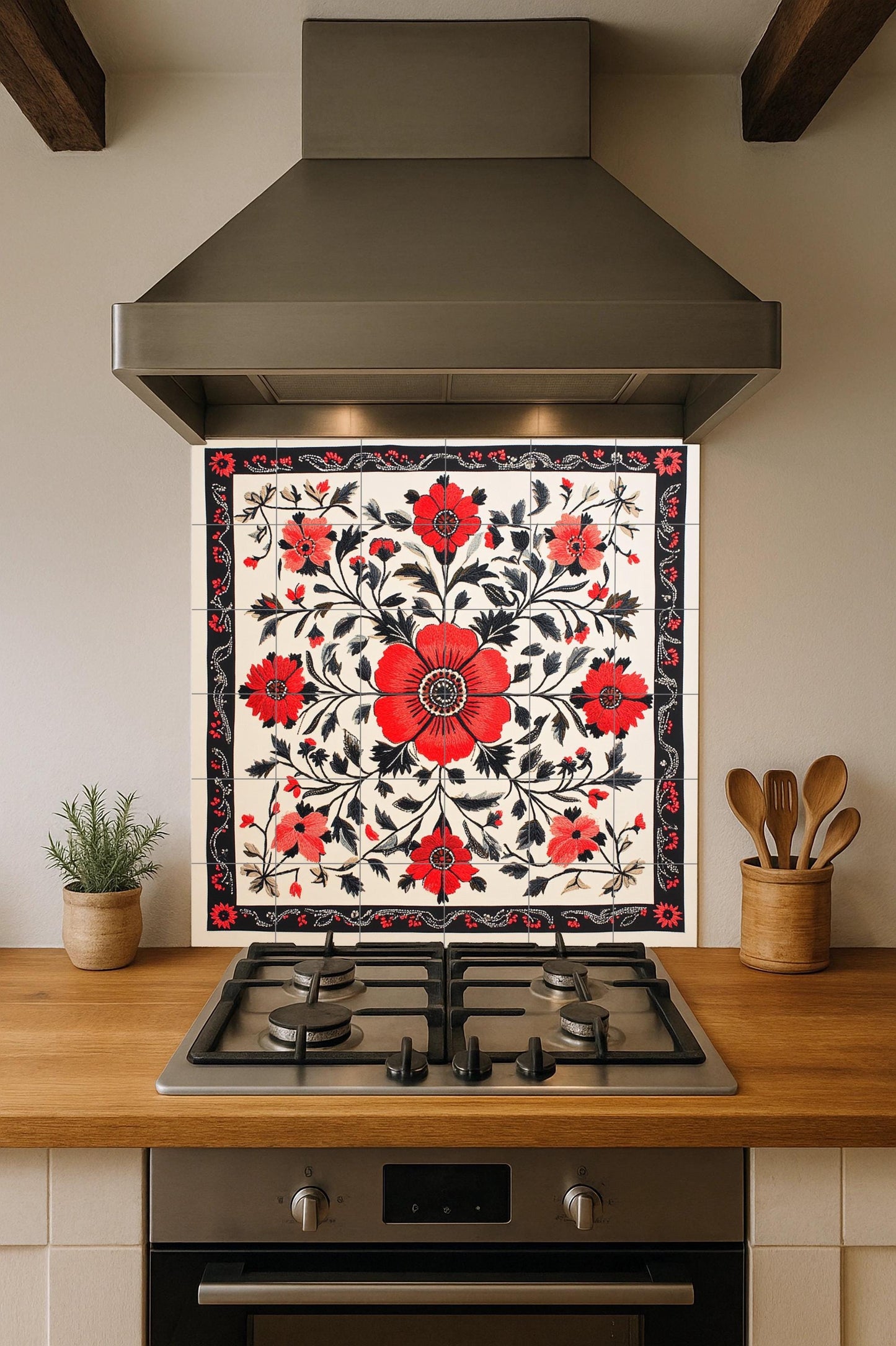 Ceramic mural with Ukrainian embroidery: floral art on red and black tiles with folk stitch border, traditional Slavic heritage mural decoration.