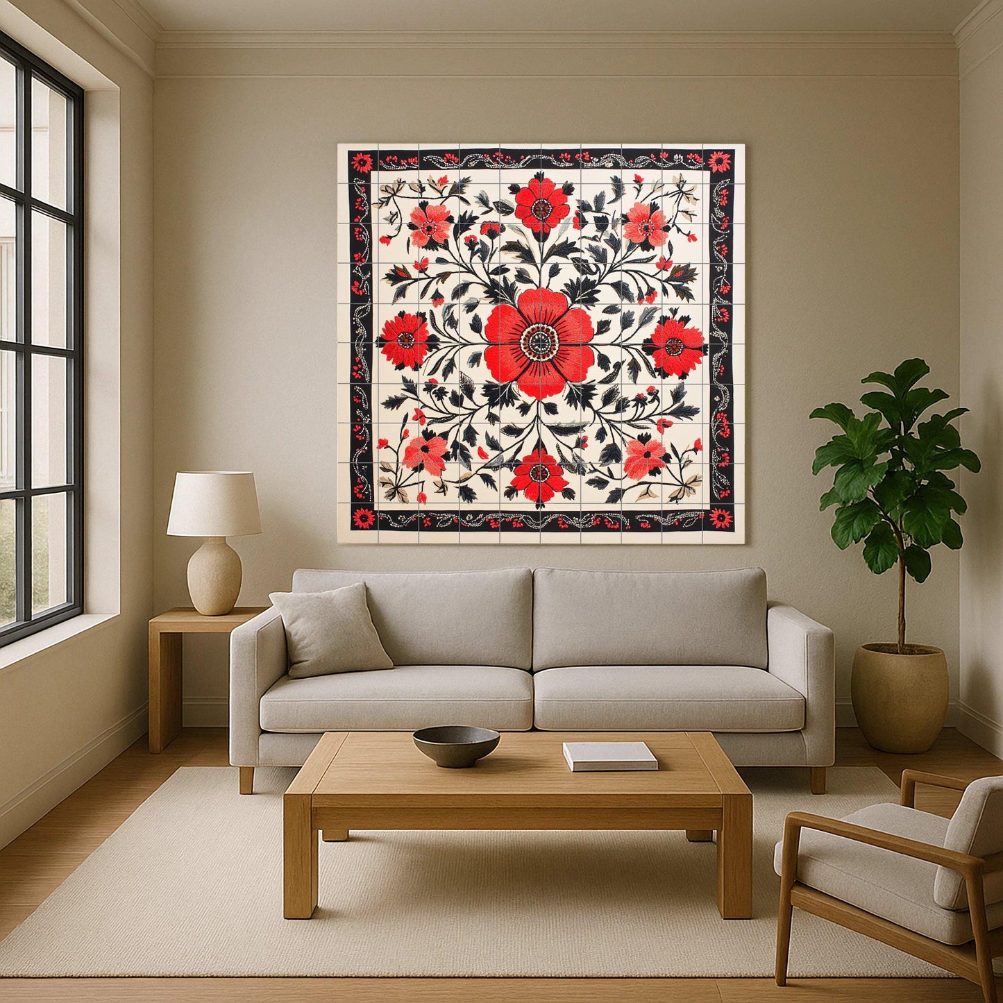 Ceramic mural with Ukrainian embroidery: floral art on red and black tiles with folk stitch border, traditional Slavic heritage mural decoration.