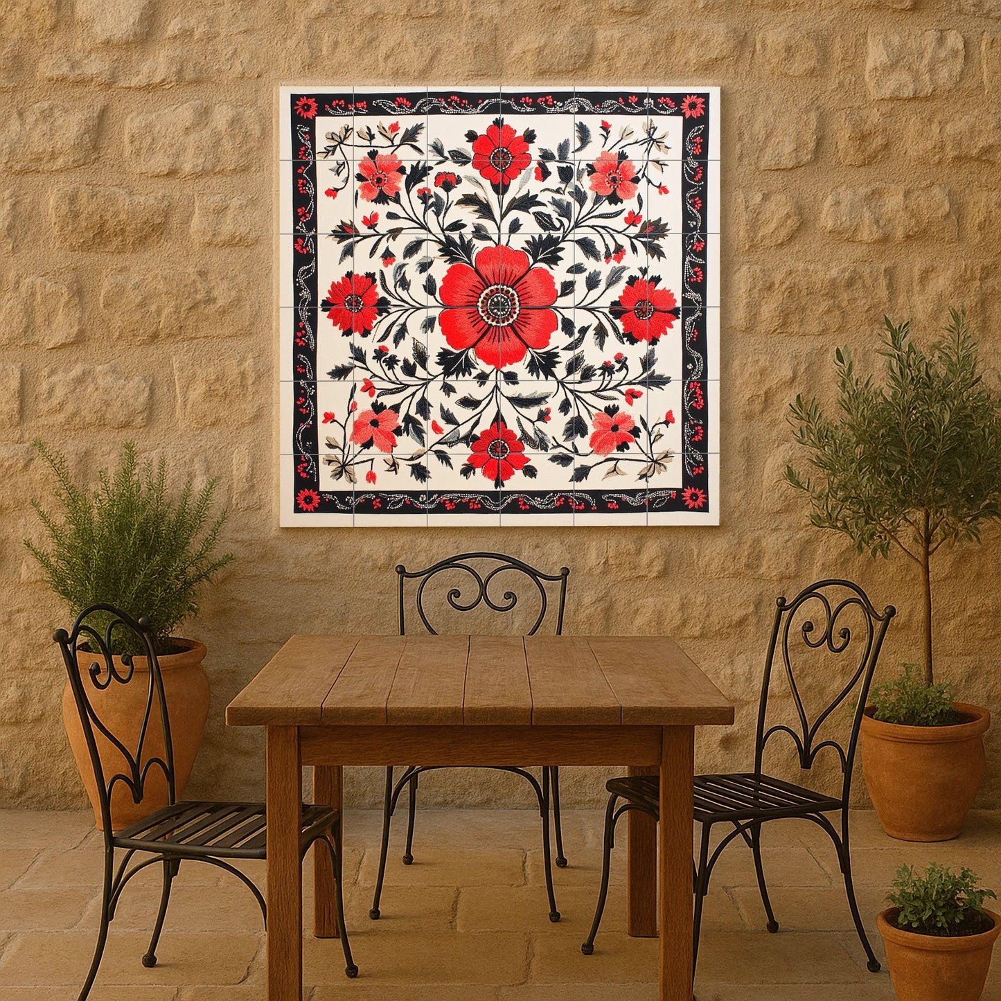 Ceramic mural with Ukrainian embroidery: floral art on red and black tiles with folk stitch border, traditional Slavic heritage mural decoration.