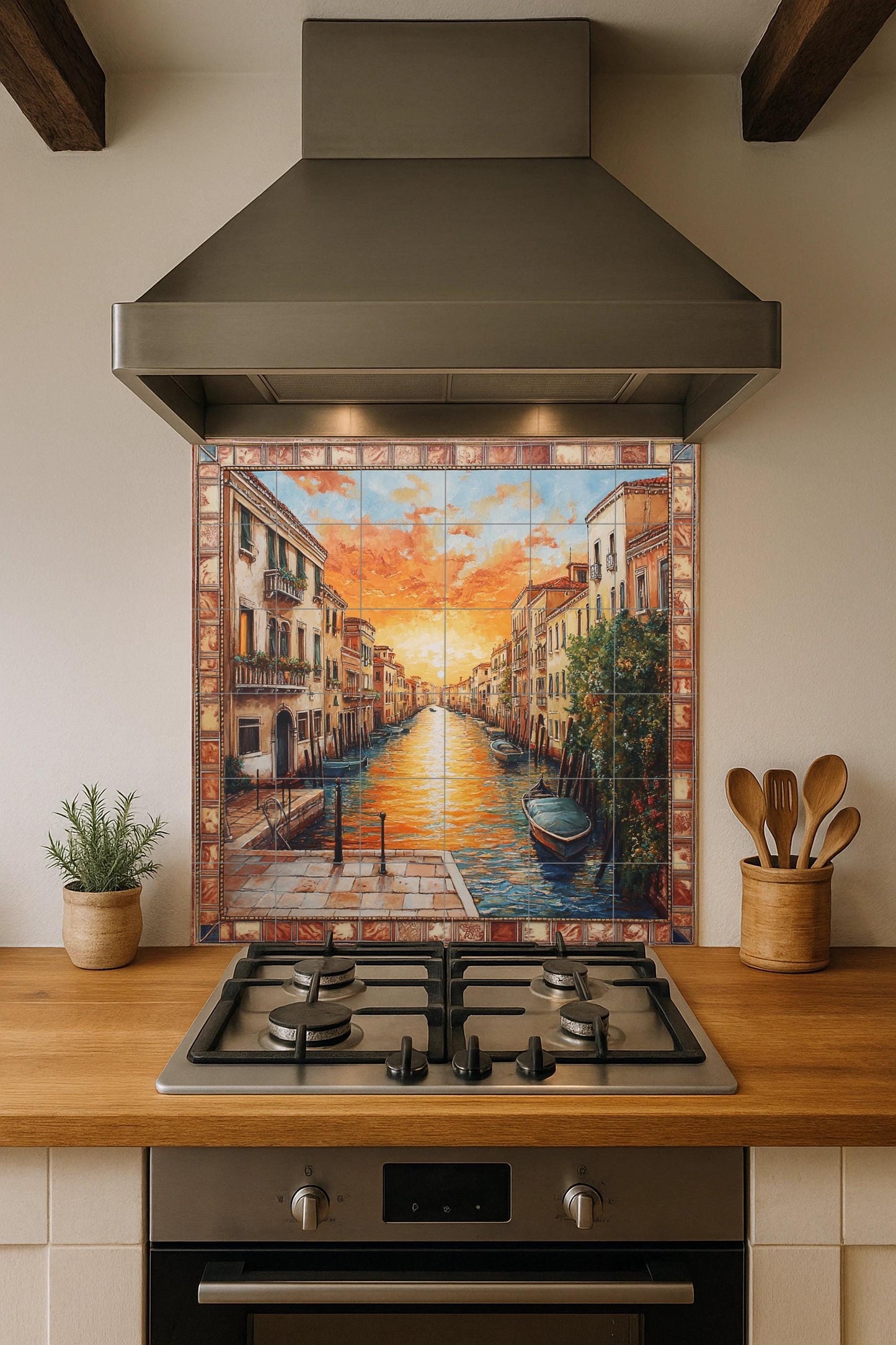 Ceramic mural at sunset on the Aveiro canal: Portuguese mosaic with gondolas, golden sky, historical architecture, decorative and coastal tiles.