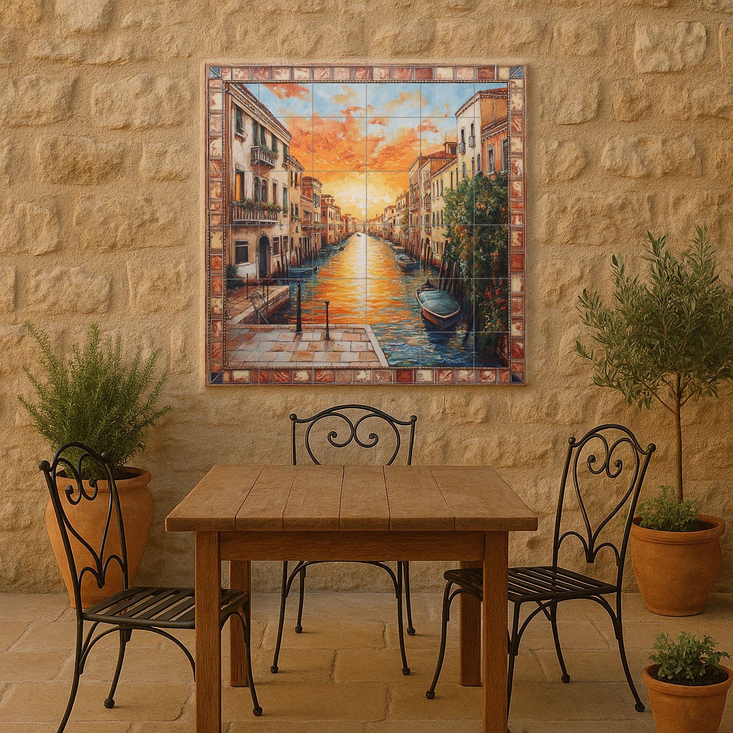 Ceramic mural at sunset on the Aveiro canal: Portuguese mosaic with gondolas, golden sky, historical architecture, decorative and coastal tiles.