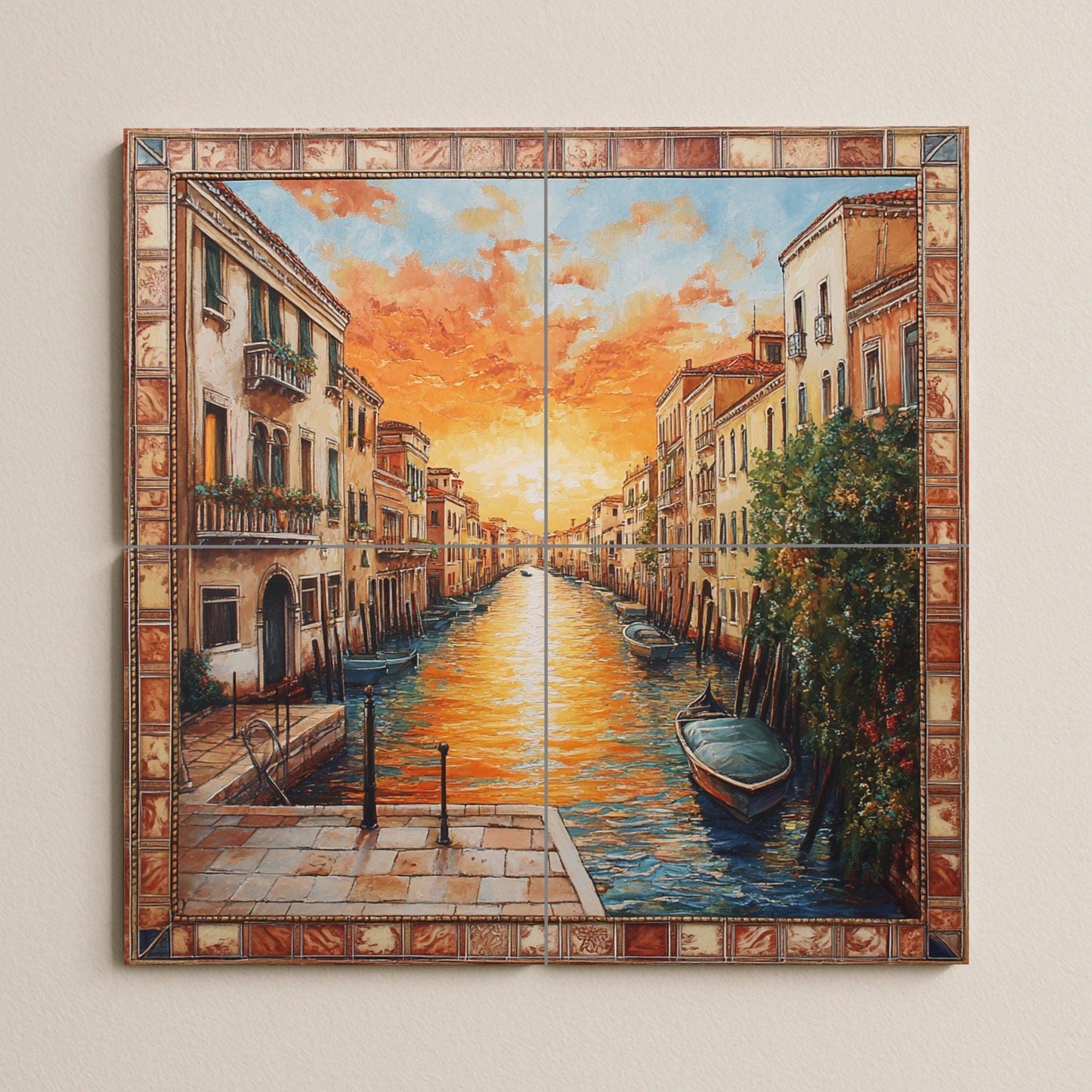 Ceramic mural at sunset on the Aveiro canal: Portuguese mosaic with gondolas, golden sky, historical architecture, decorative and coastal tiles.