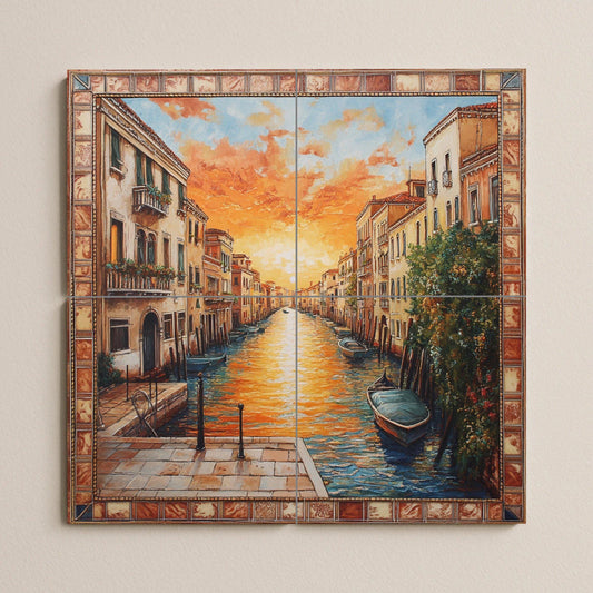 Ceramic mural at sunset on the Aveiro canal: Portuguese mosaic with gondolas, golden sky, historical architecture, decorative and coastal tiles.
