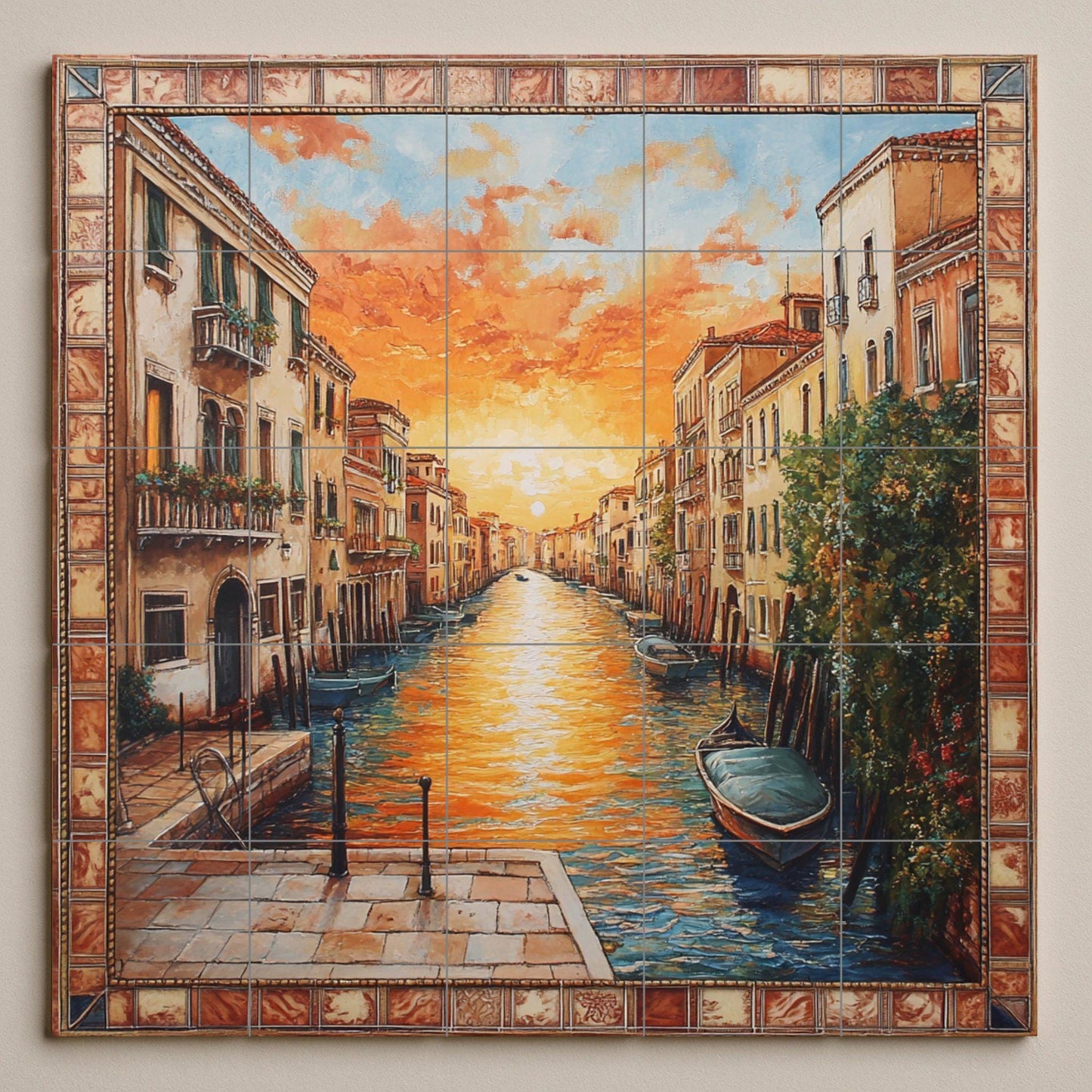 Ceramic mural at sunset on the Aveiro canal: Portuguese mosaic with gondolas, golden sky, historical architecture, decorative and coastal tiles.