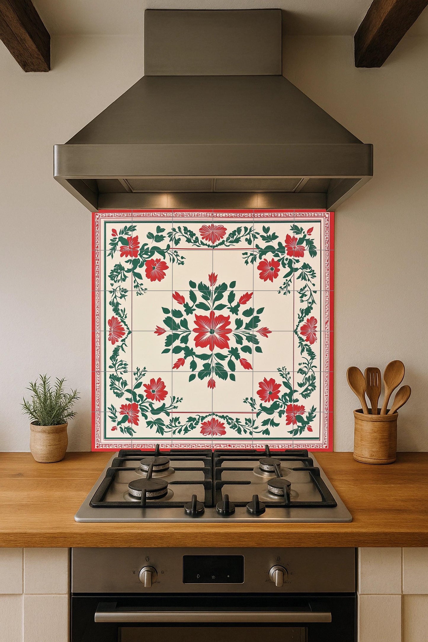 Red and green ceramic mural from Hanoi: Vietnamese folk floral mosaic with decorative symmetry, Ho Chi Minh heritage pattern and tone craftsmanship.