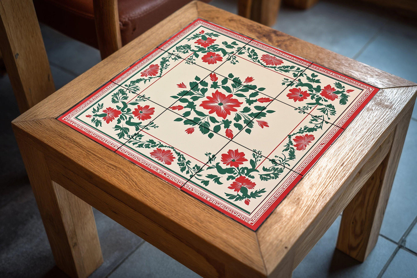 Red and green ceramic mural from Hanoi: Vietnamese folk floral mosaic with decorative symmetry, Ho Chi Minh heritage pattern and tone craftsmanship.