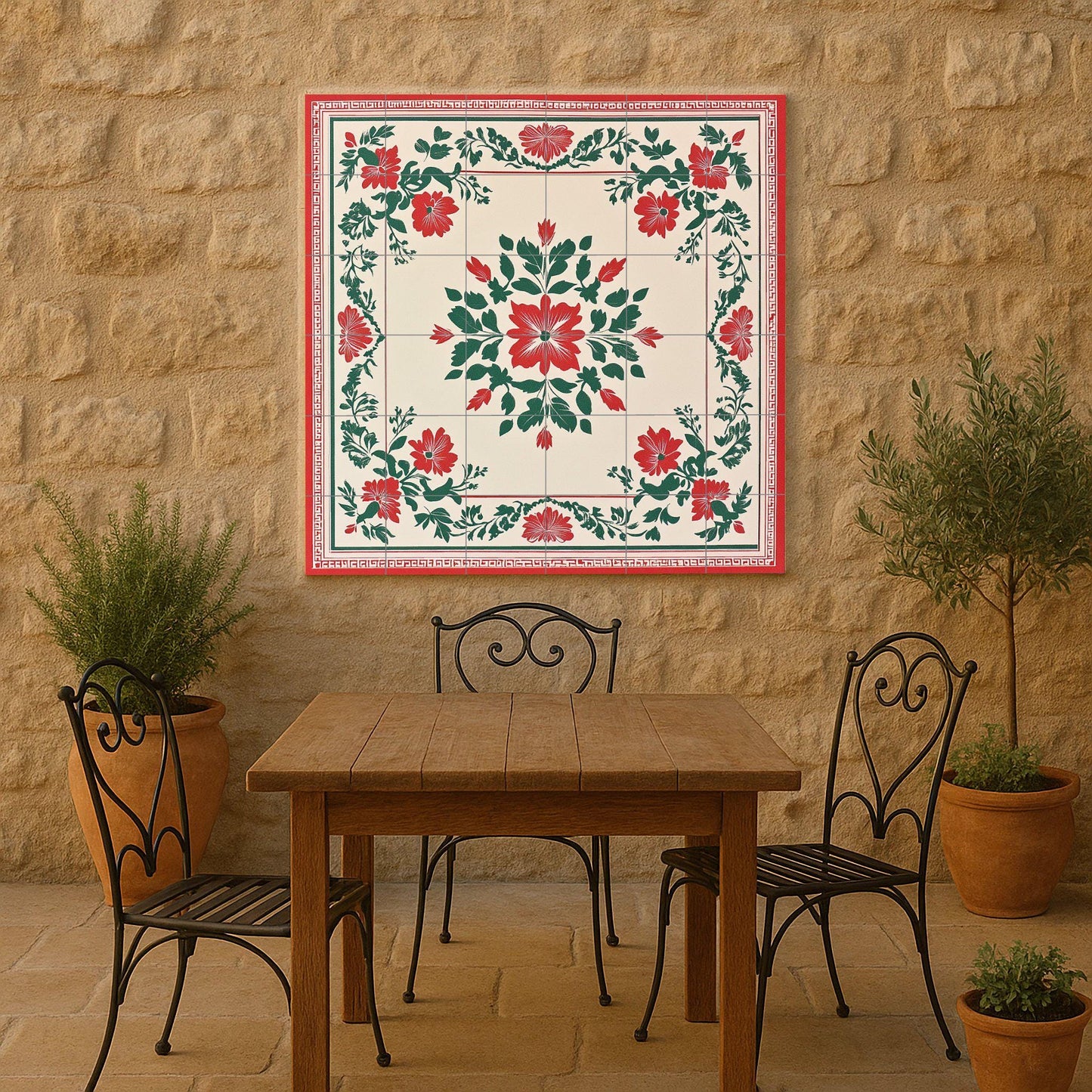 Red and green ceramic mural from Hanoi: Vietnamese folk floral mosaic with decorative symmetry, Ho Chi Minh heritage pattern and tone craftsmanship.
