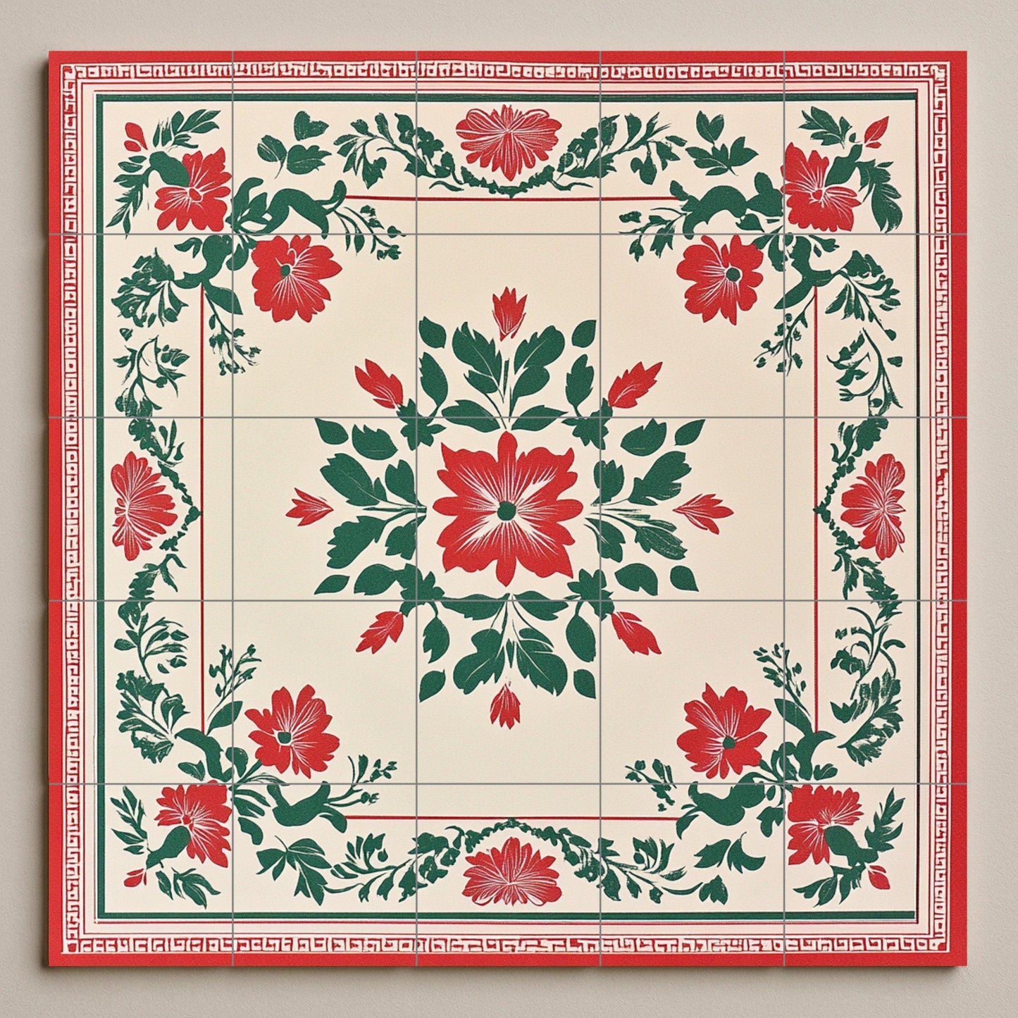 Red and green ceramic mural from Hanoi: Vietnamese folk floral mosaic with decorative symmetry, Ho Chi Minh heritage pattern and tone craftsmanship.