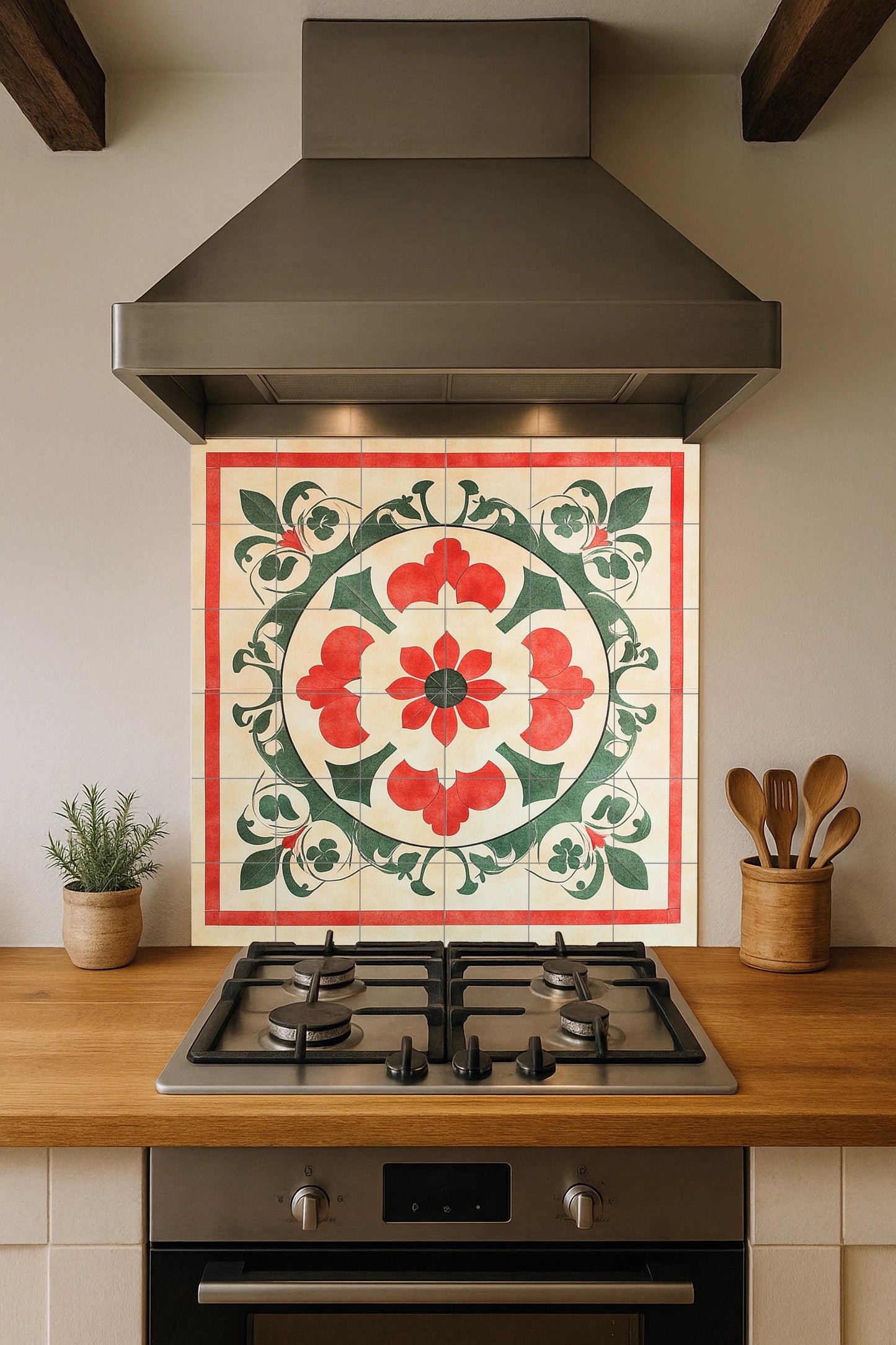 Vietnamese geometric ceramic mural: mosaic of folk ornaments with red and green symmetry, circular floral medallion, artwork with traditional tiles.