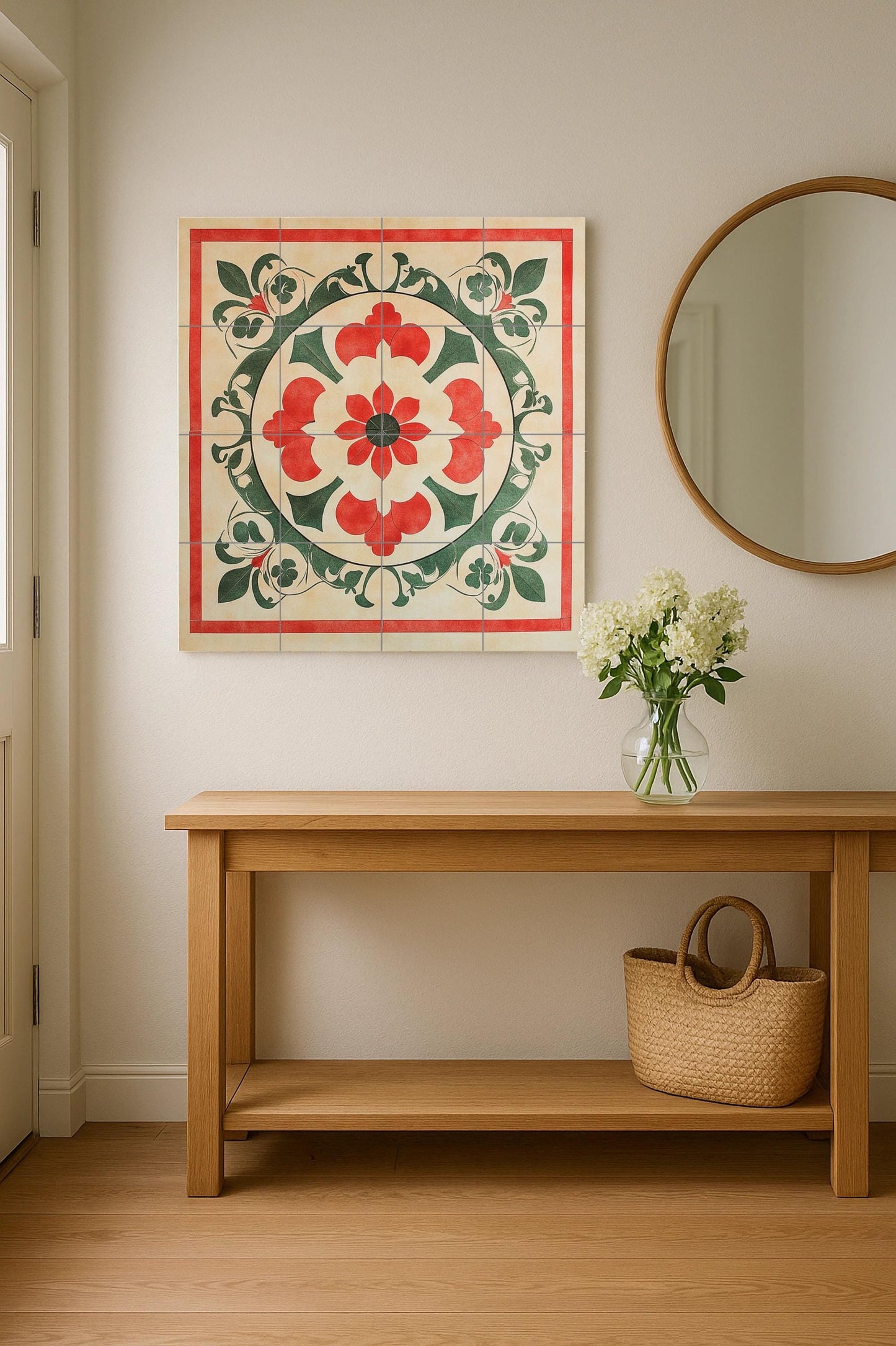 Vietnamese geometric ceramic mural: mosaic of folk ornaments with red and green symmetry, circular floral medallion, artwork with traditional tiles.