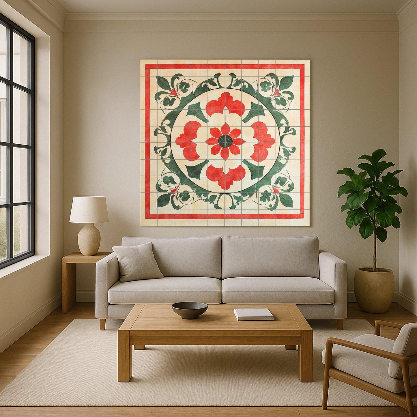 Vietnamese geometric ceramic mural: mosaic of folk ornaments with red and green symmetry, circular floral medallion, artwork with traditional tiles.