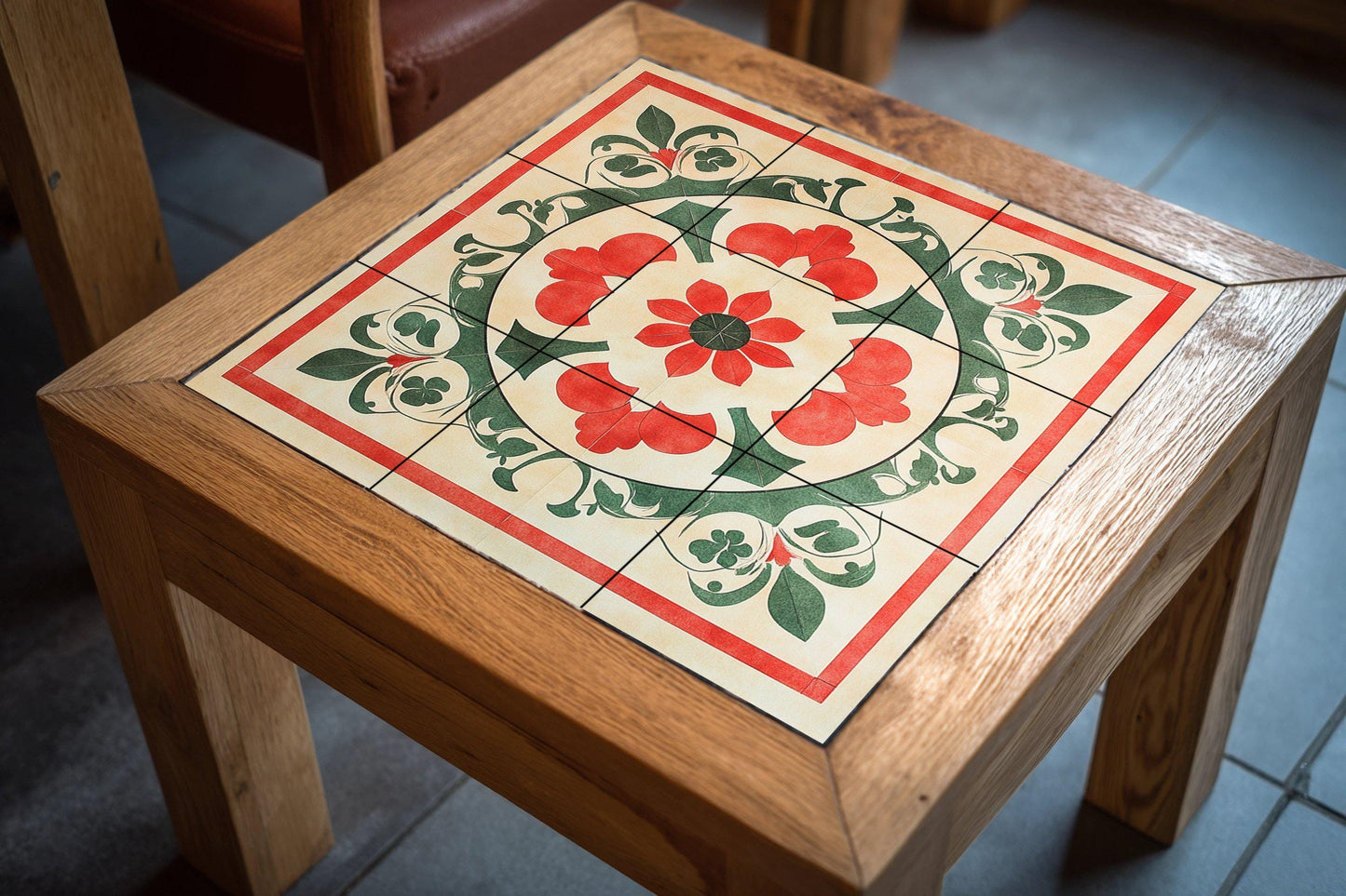 Vietnamese geometric ceramic mural: mosaic of folk ornaments with red and green symmetry, circular floral medallion, artwork with traditional tiles.
