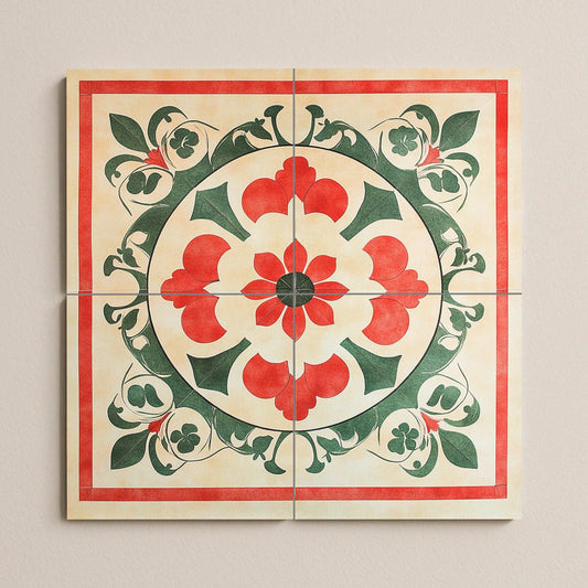 Vietnamese geometric ceramic mural: mosaic of folk ornaments with red and green symmetry, circular floral medallion, artwork with traditional tiles.